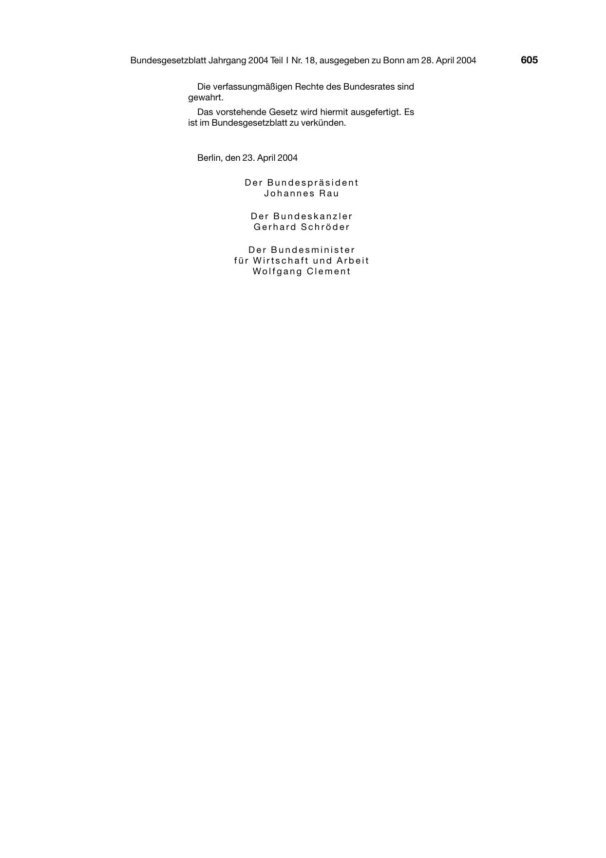 BGBl. 2004, Seite 605 — Originalseite als Abbildung