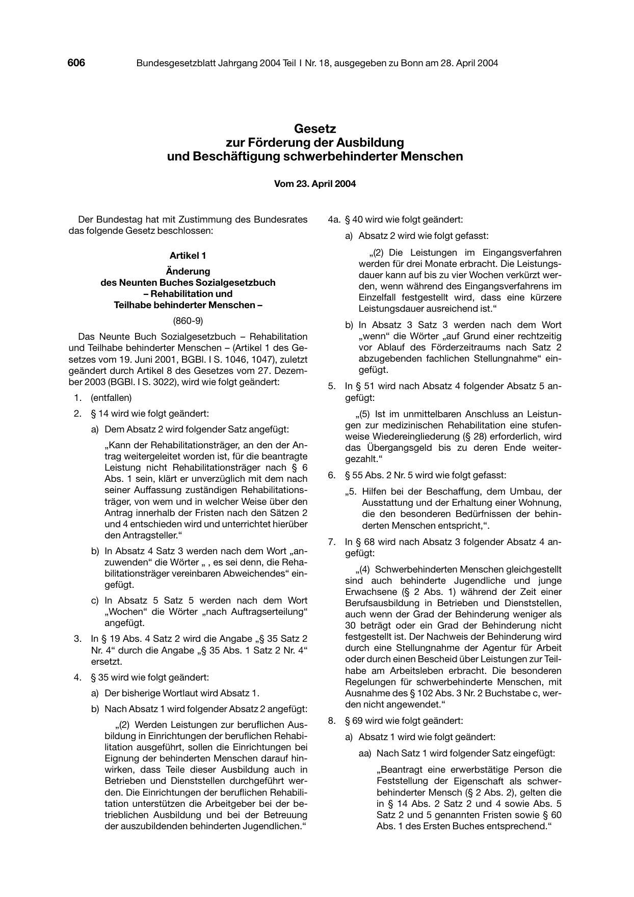 BGBl. 2004, Seite 606 — Originalseite als Abbildung