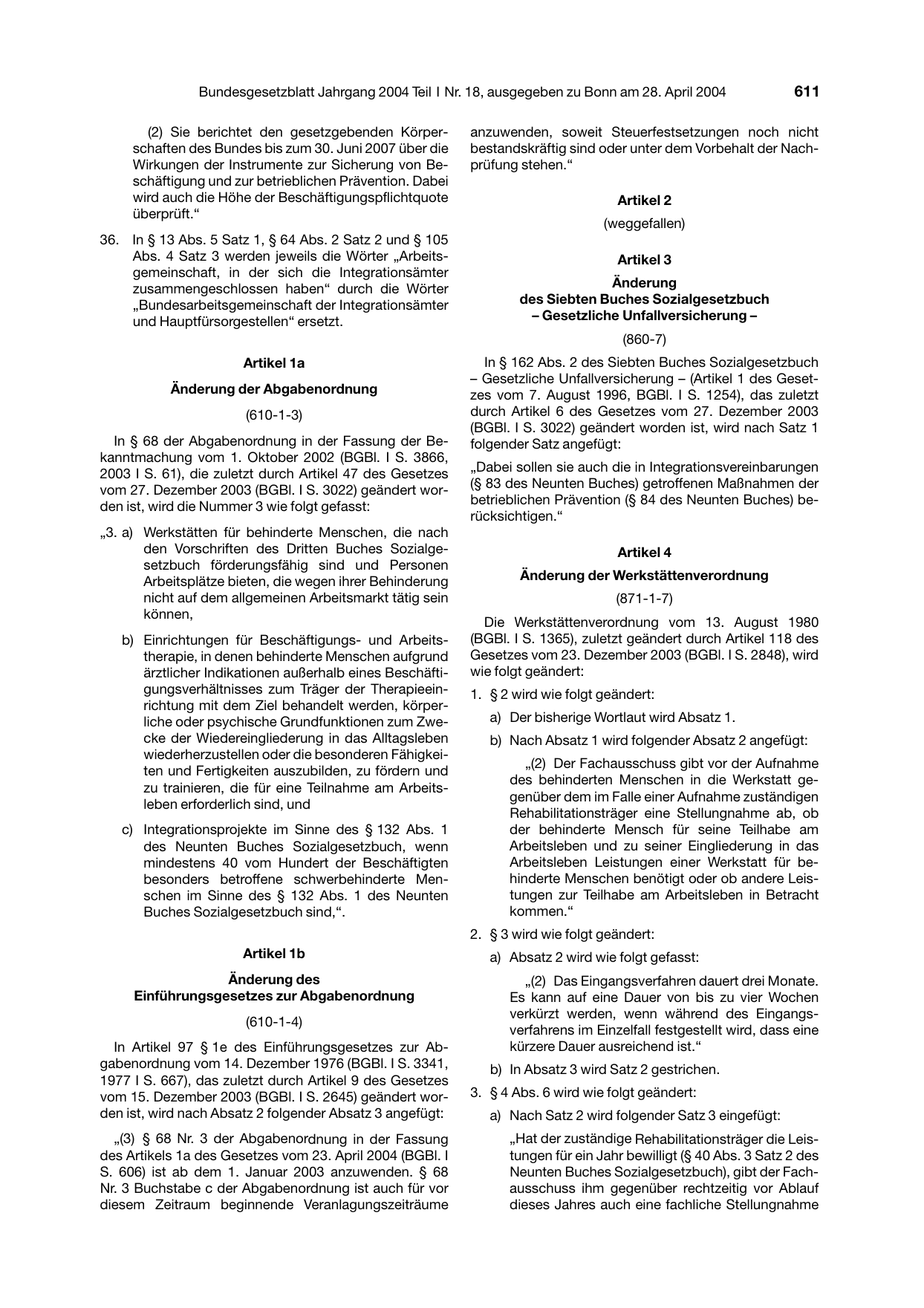 BGBl. 2004, Seite 611 — Originalseite als Abbildung