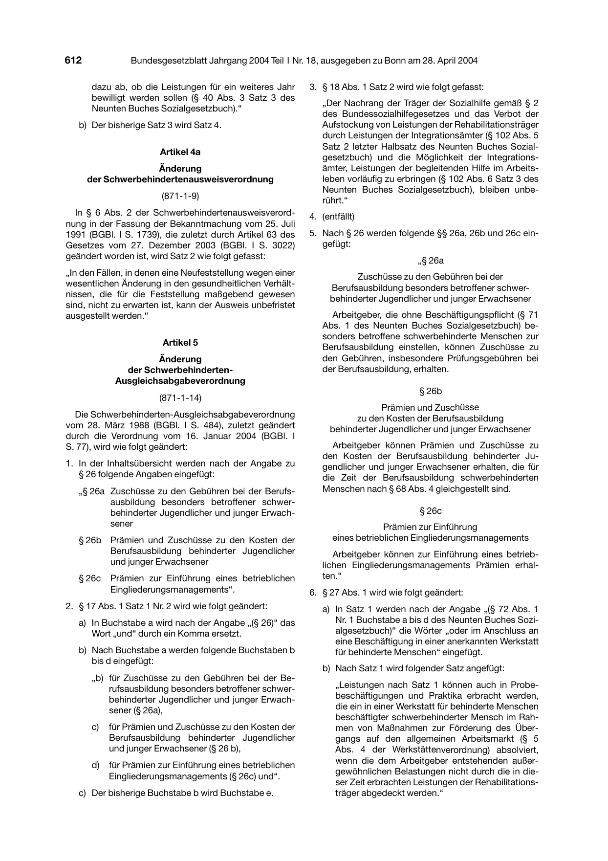 BGBl. 2004, Seite 612 — Originalseite als Abbildung