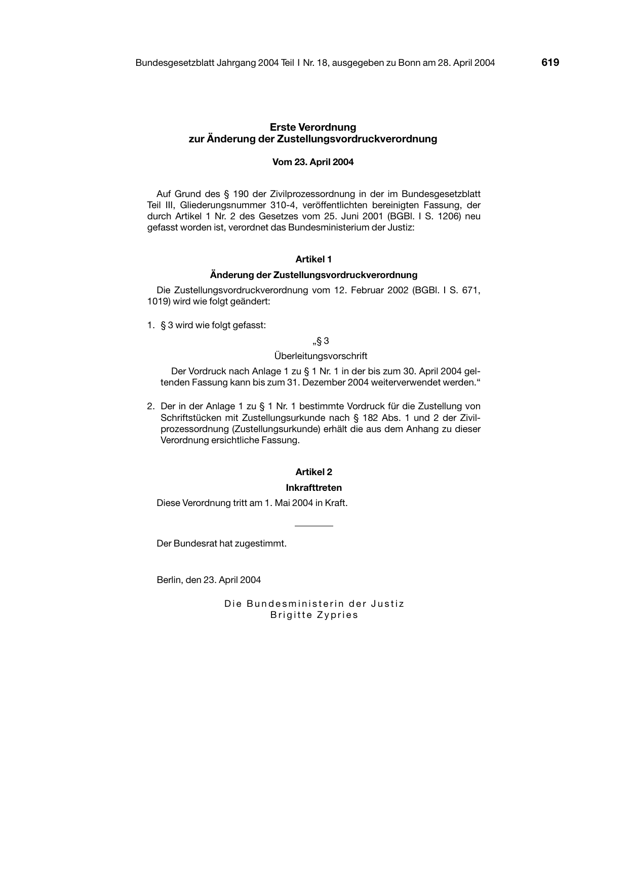 BGBl. 2004, Seite 619 — Originalseite als Abbildung