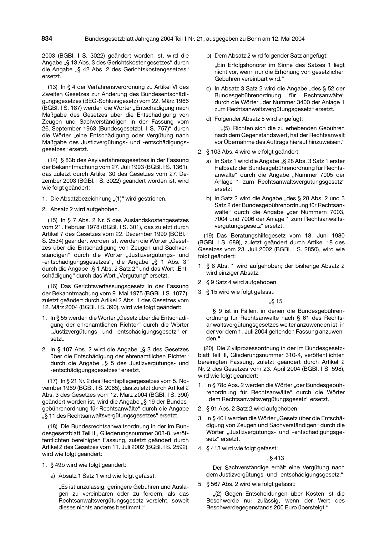 BGBl. 2004, Seite 834 — Originalseite als Abbildung