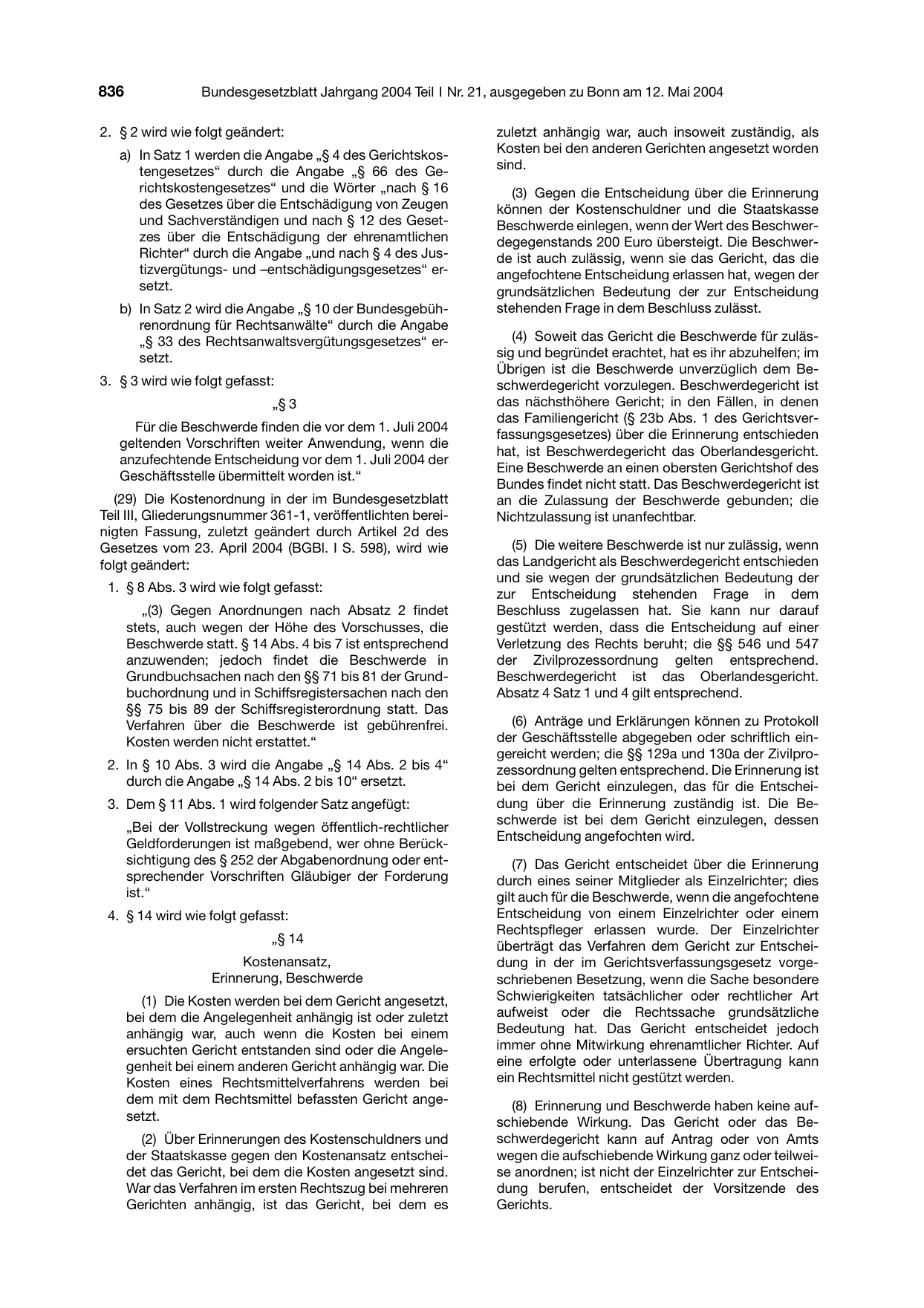 BGBl. 2004, Seite 836 — Originalseite als Abbildung