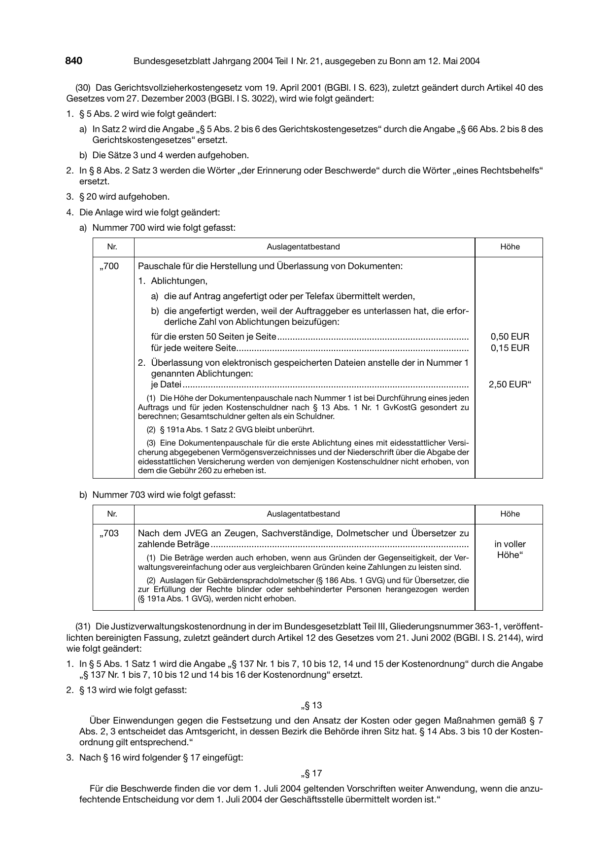 BGBl. 2004, Seite 840 — Originalseite als Abbildung