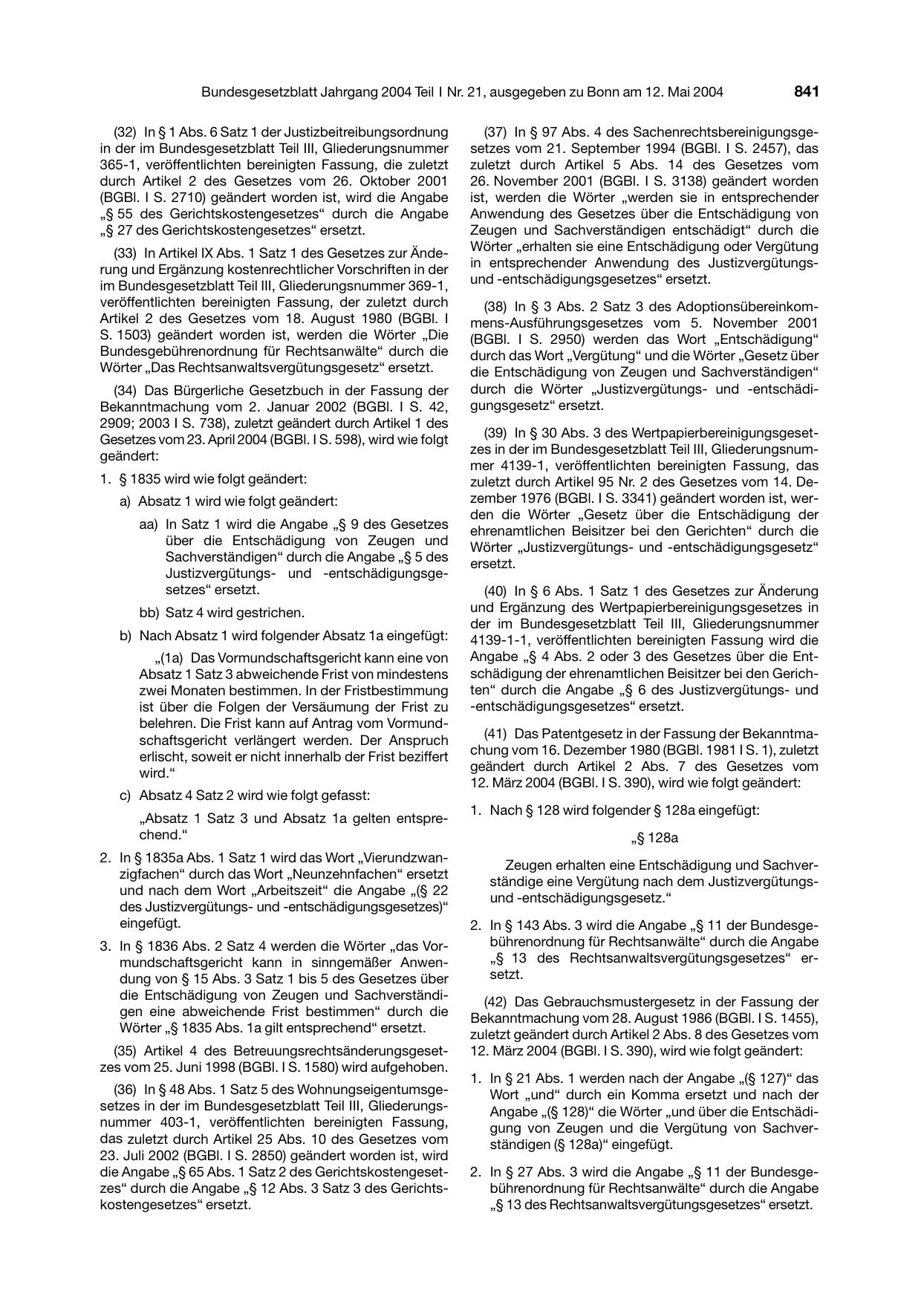 BGBl. 2004, Seite 841 — Originalseite als Abbildung