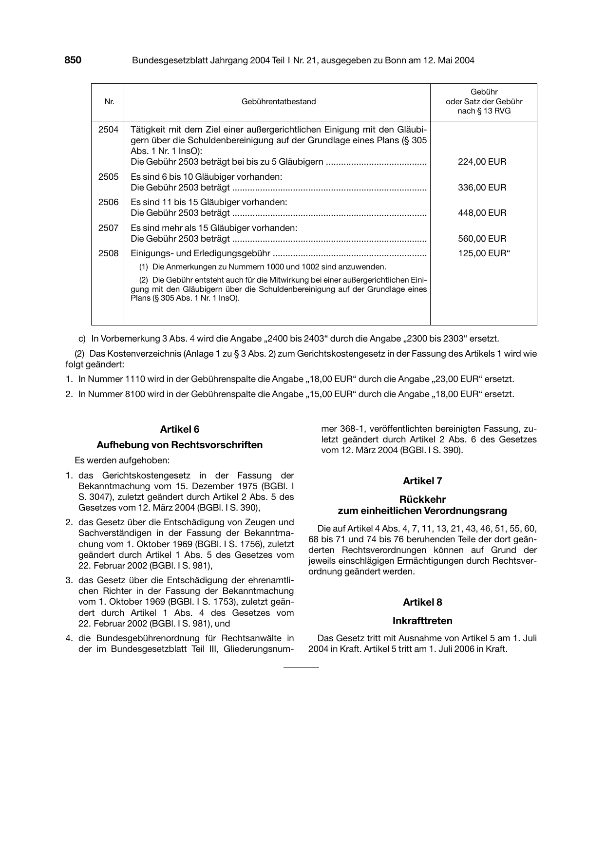 BGBl. 2004, Seite 850 — Originalseite als Abbildung