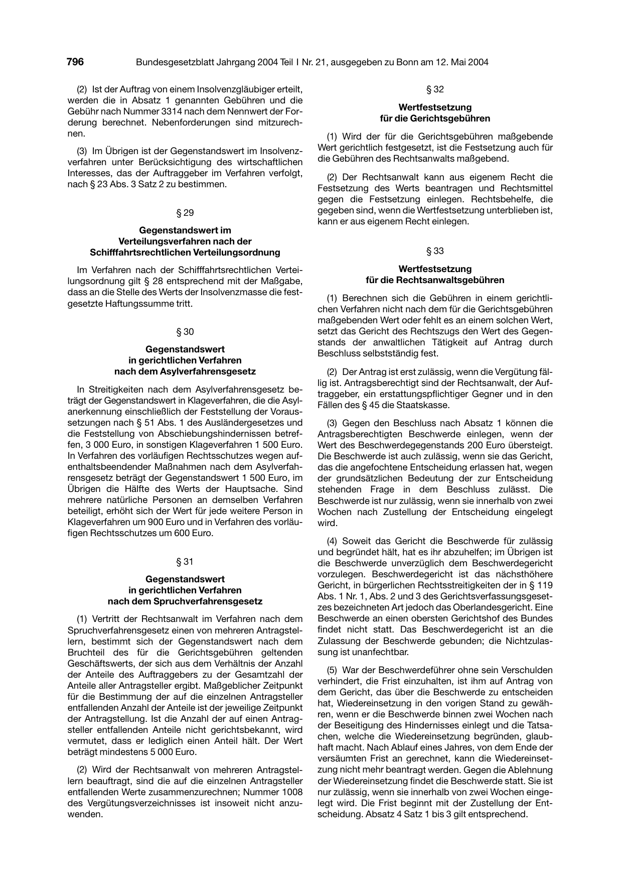 BGBl. 2004, Seite 796 — Originalseite als Abbildung