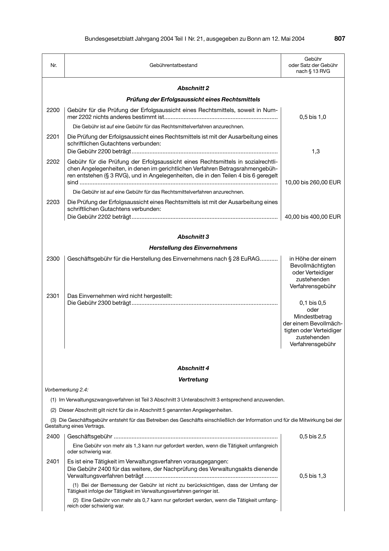 BGBl. 2004, Seite 807 — Originalseite als Abbildung