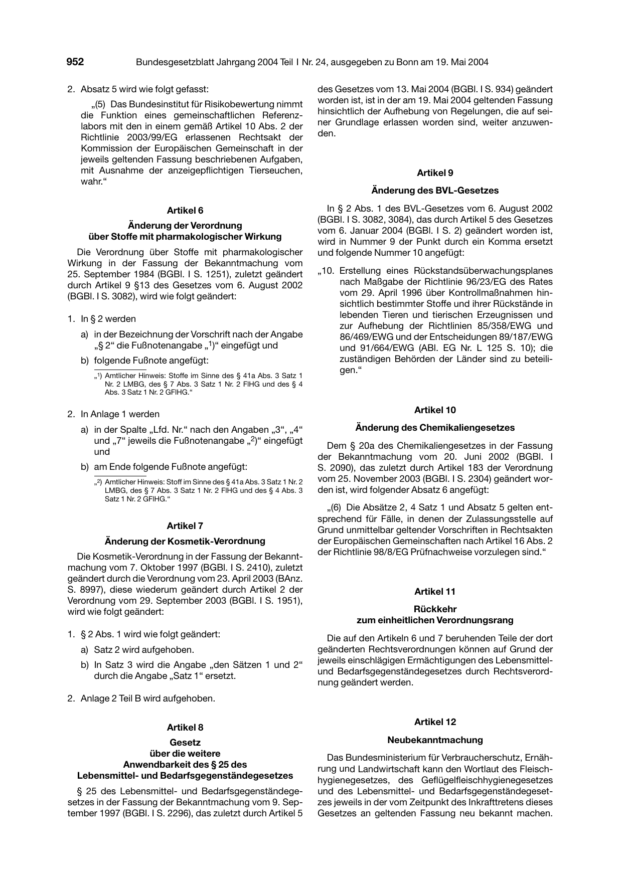 BGBl. 2004, Seite 952 — Originalseite als Abbildung