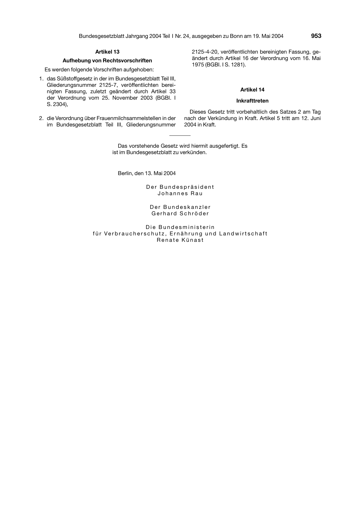 BGBl. 2004, Seite 953 — Originalseite als Abbildung