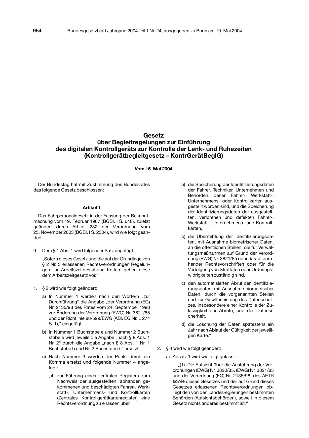 BGBl. 2004, Seite 954 — Originalseite als Abbildung