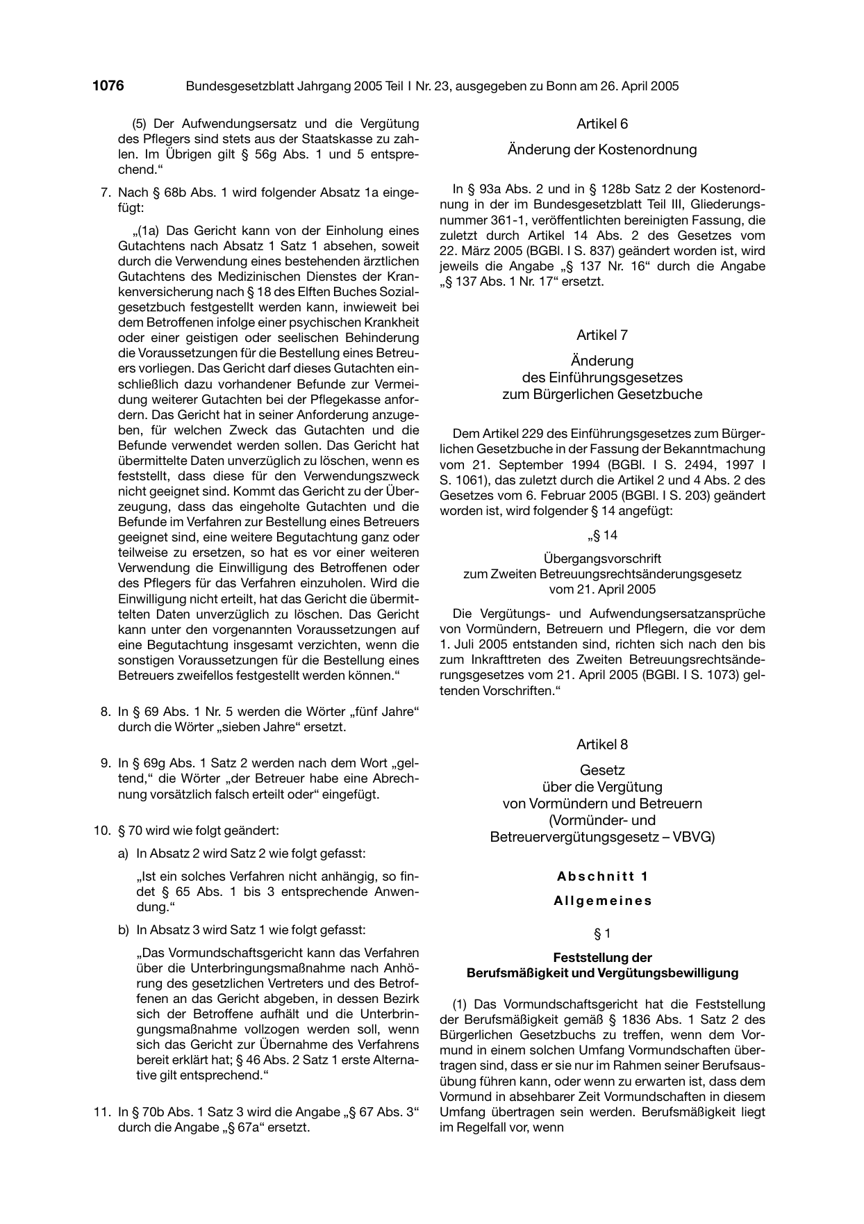 BGBl. 2005, Seite 1076 — Originalseite als Abbildung