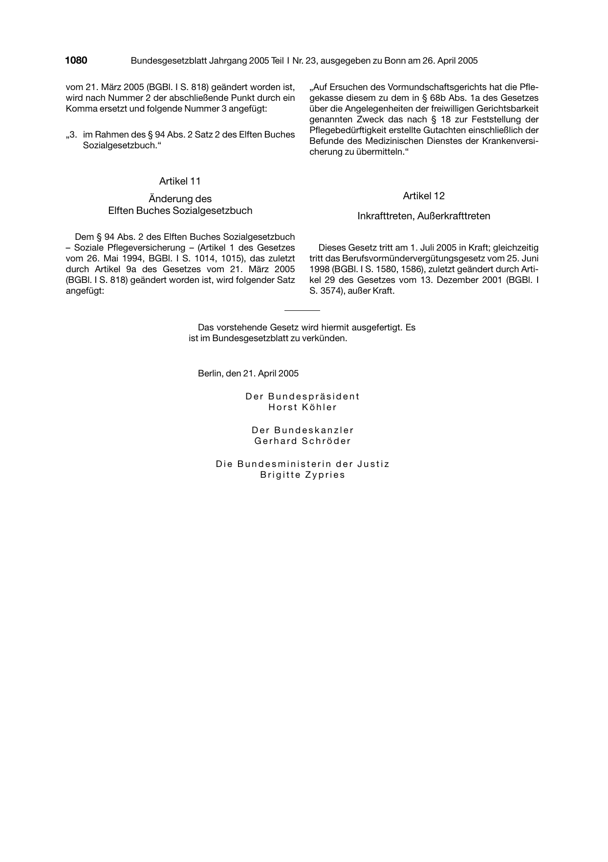 BGBl. 2005, Seite 1080 — Originalseite als Abbildung
