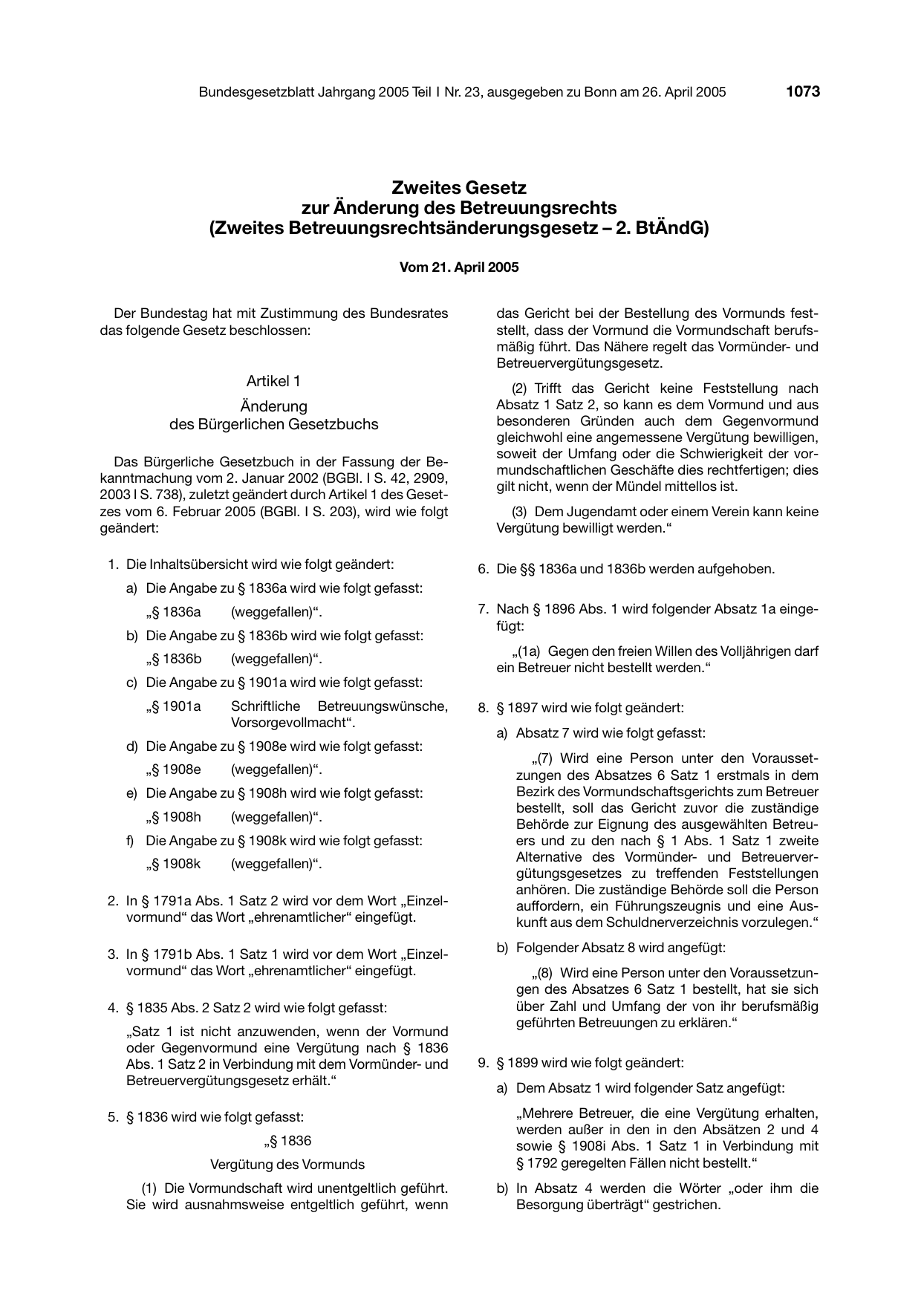 BGBl. 2005, Seite 1073 — Originalseite als Abbildung