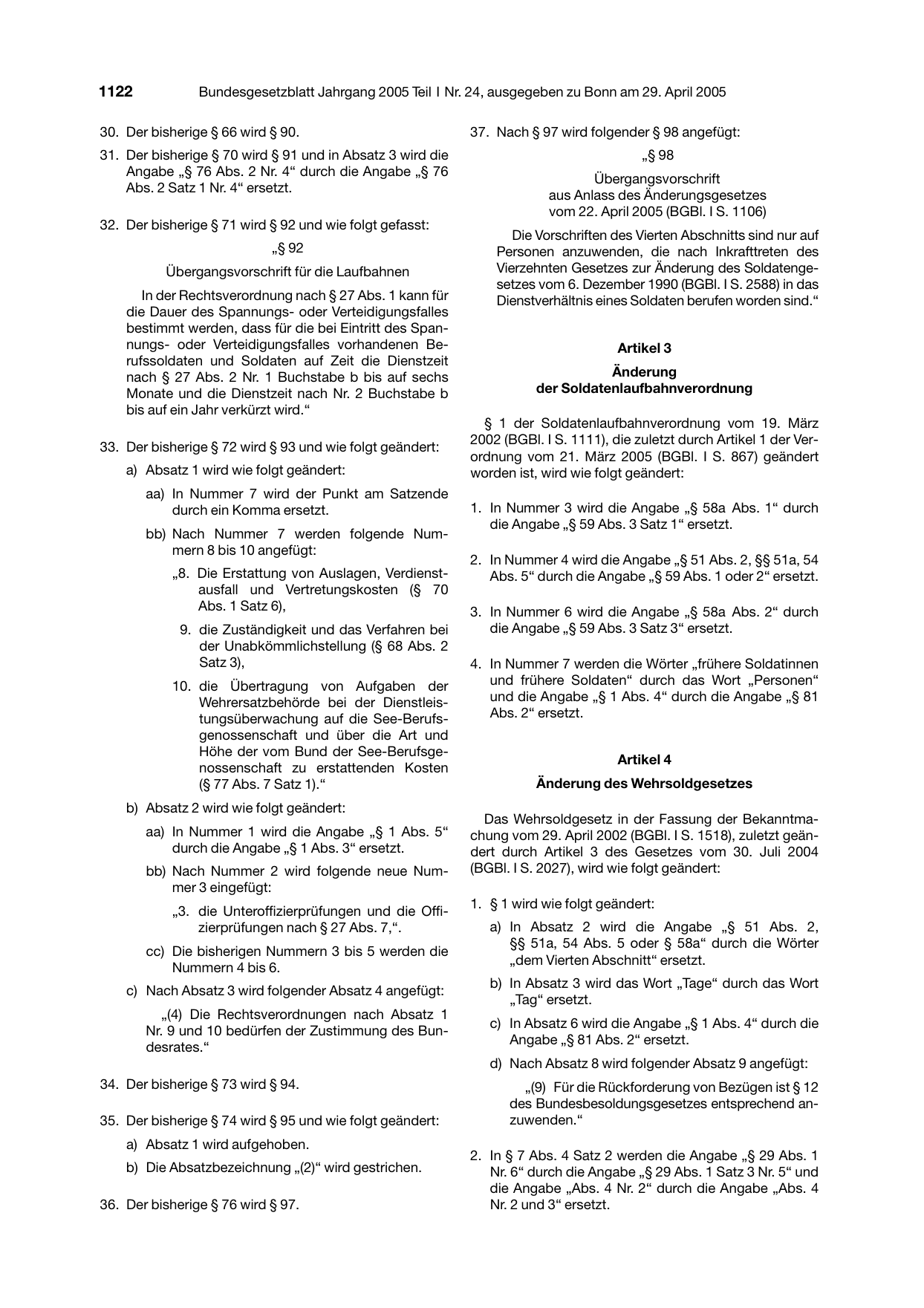 BGBl. 2005, Seite 1122 — Originalseite als Abbildung