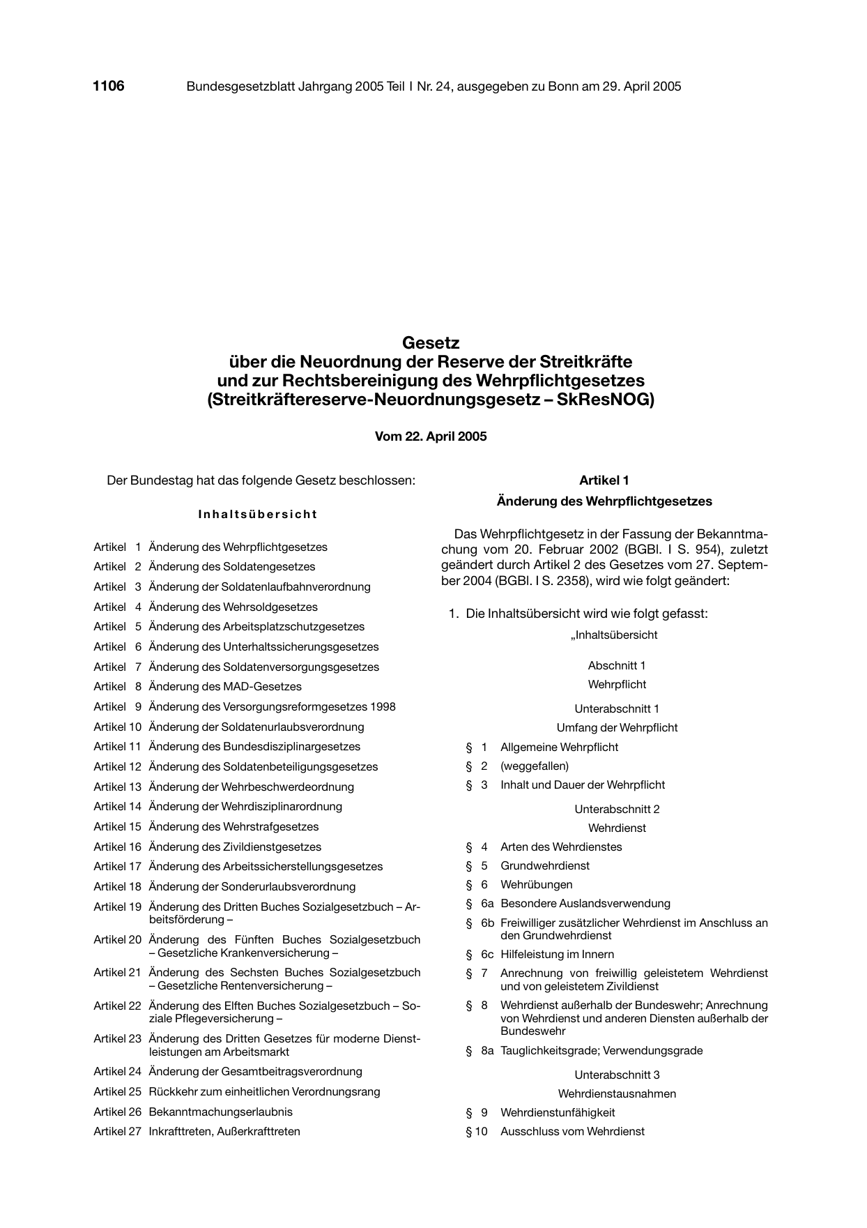 BGBl. 2005, Seite 1106 — Originalseite als Abbildung