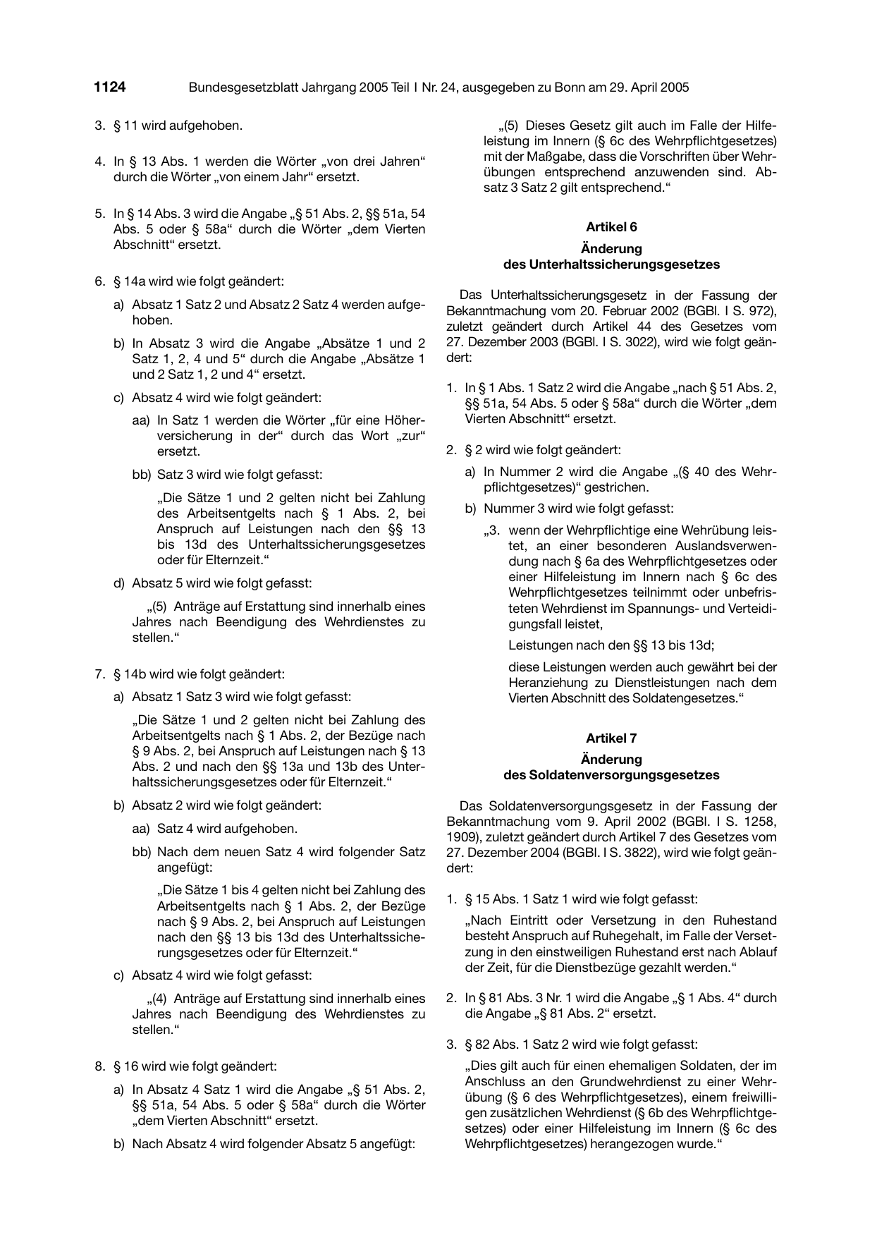 BGBl. 2005, Seite 1124 — Originalseite als Abbildung