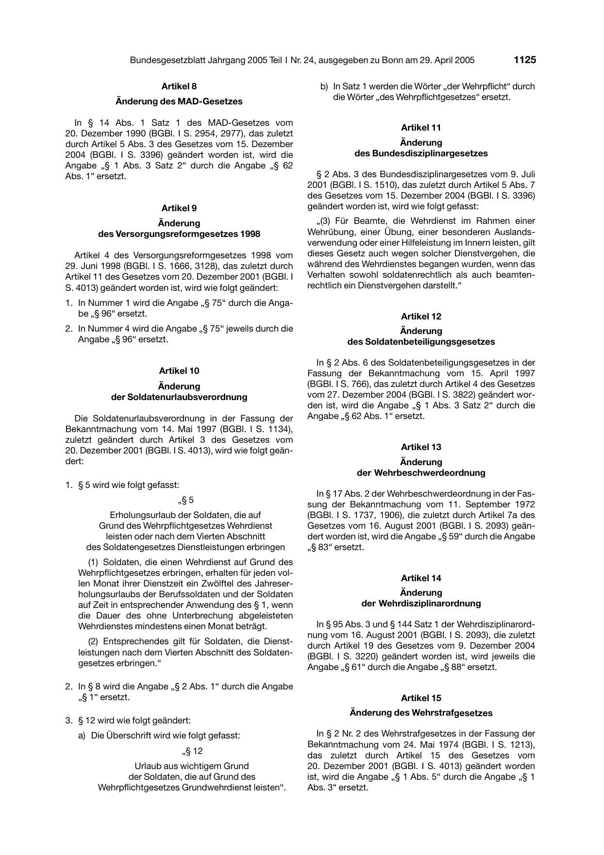 BGBl. 2005, Seite 1125 — Originalseite als Abbildung