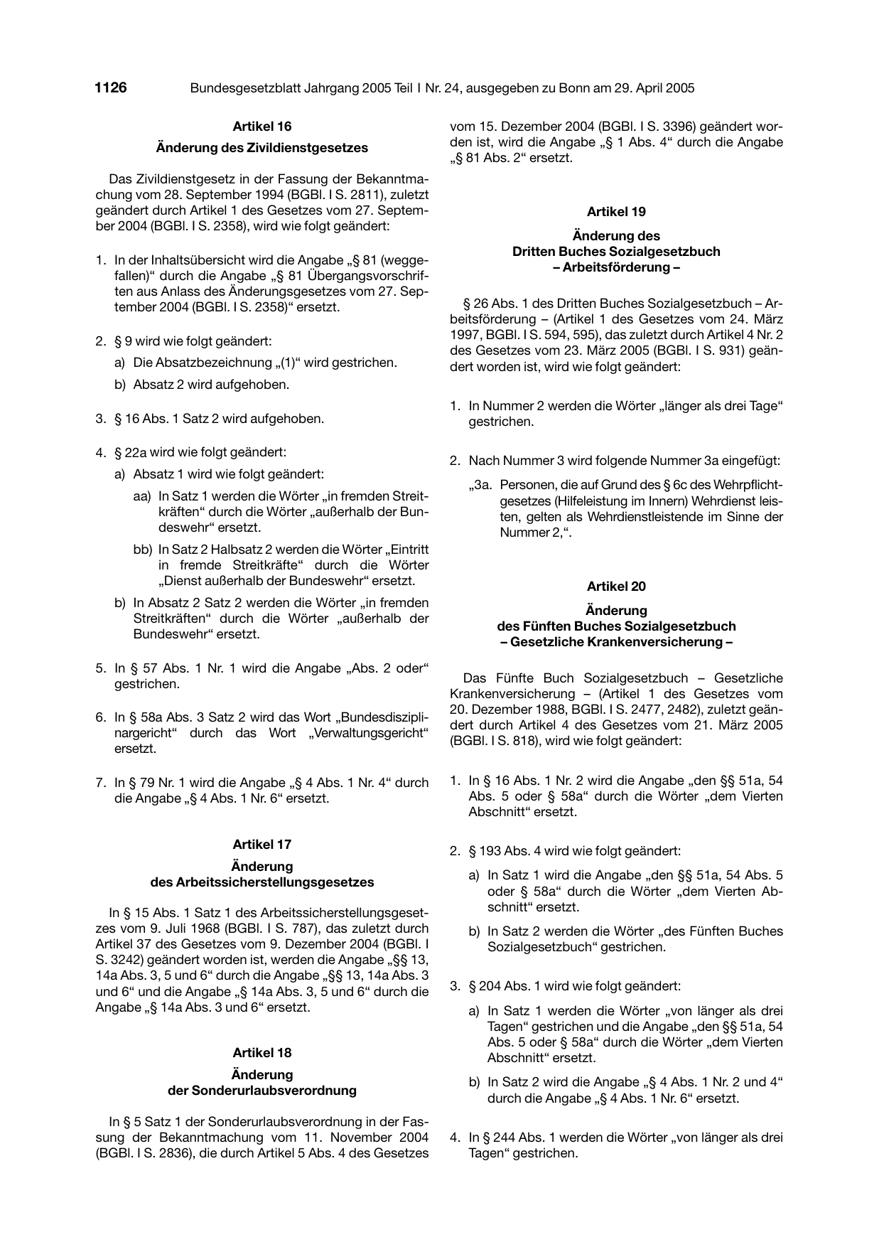 BGBl. 2005, Seite 1126 — Originalseite als Abbildung