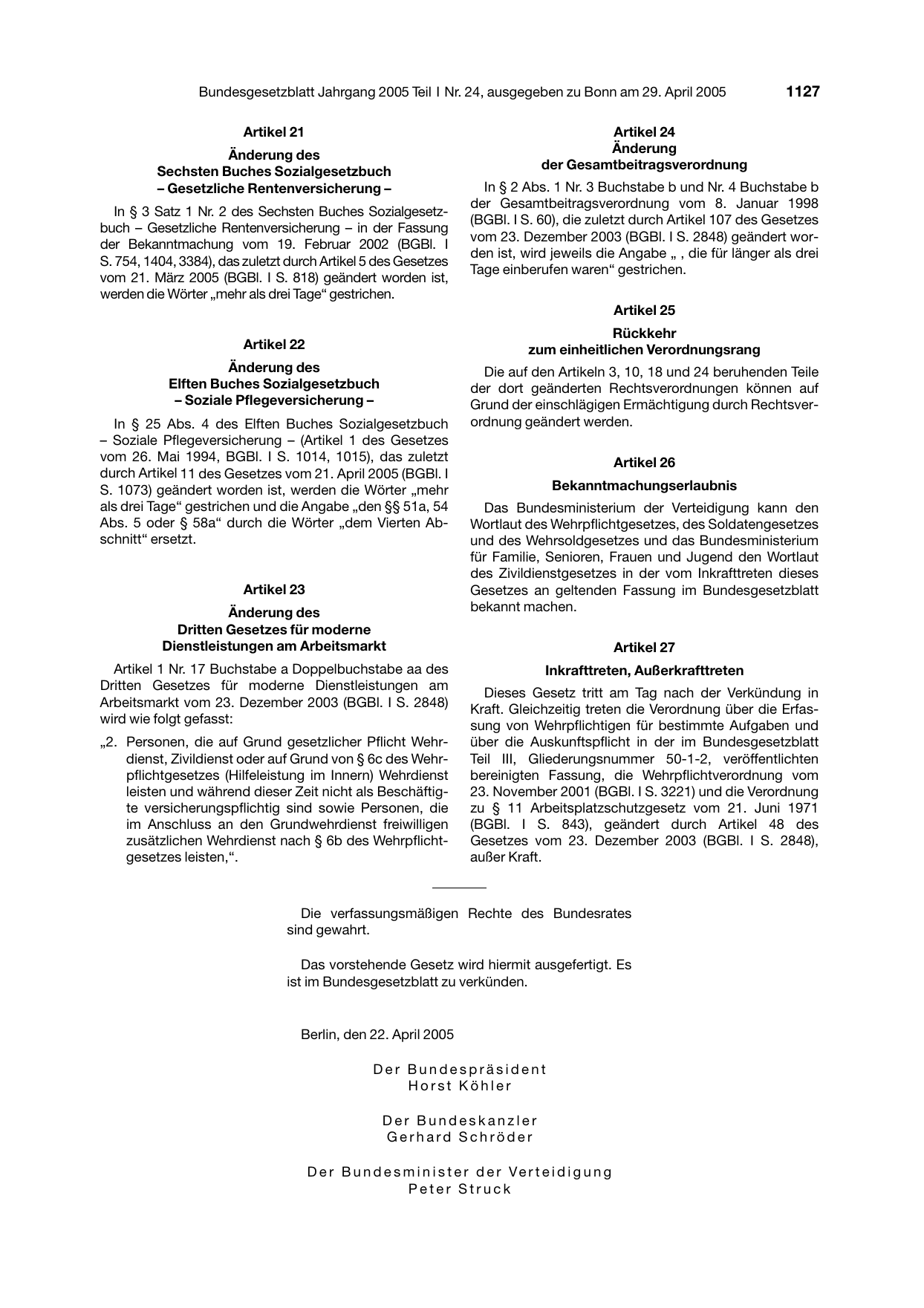 BGBl. 2005, Seite 1127 — Originalseite als Abbildung