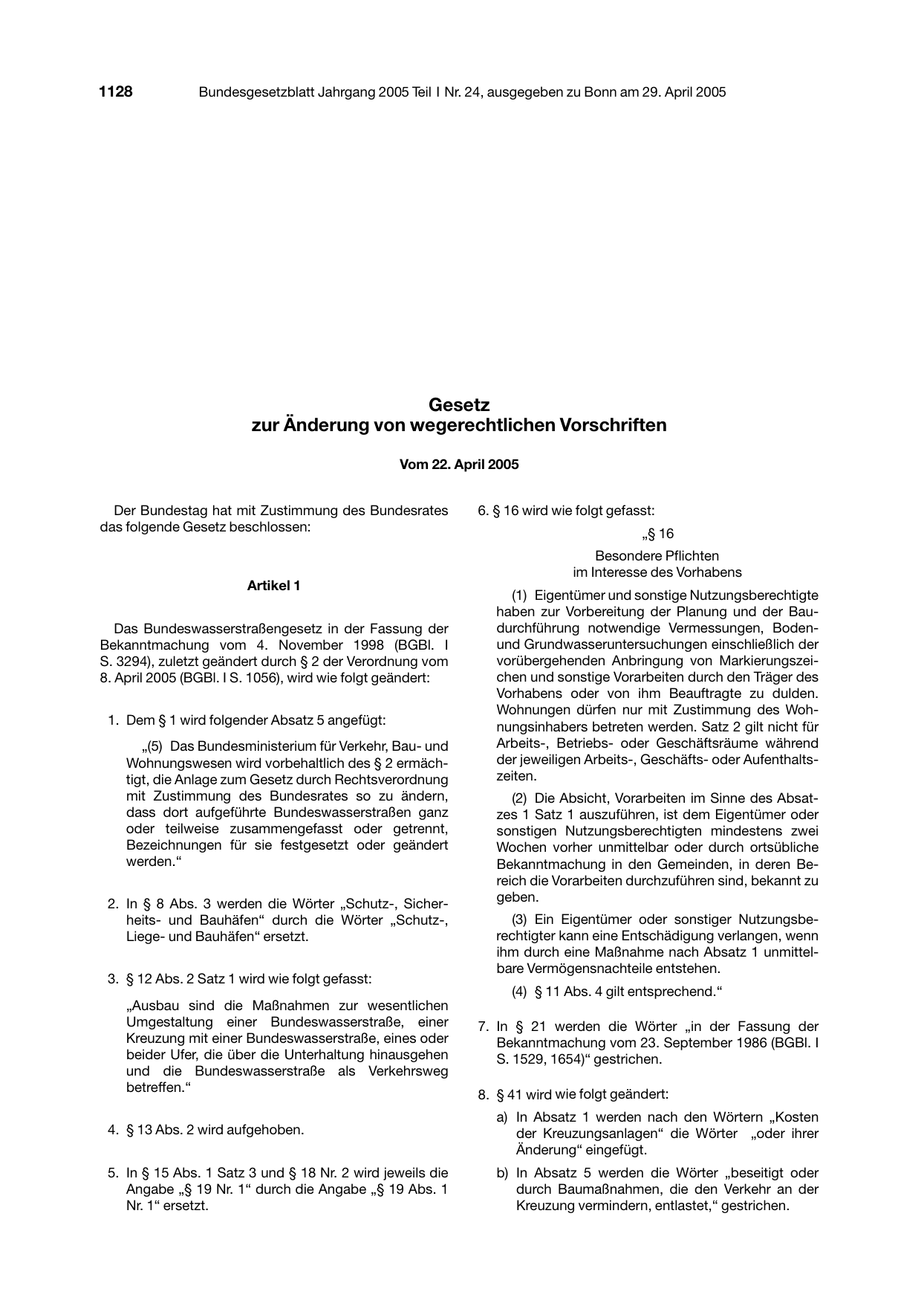 BGBl. 2005, Seite 1128 — Originalseite als Abbildung