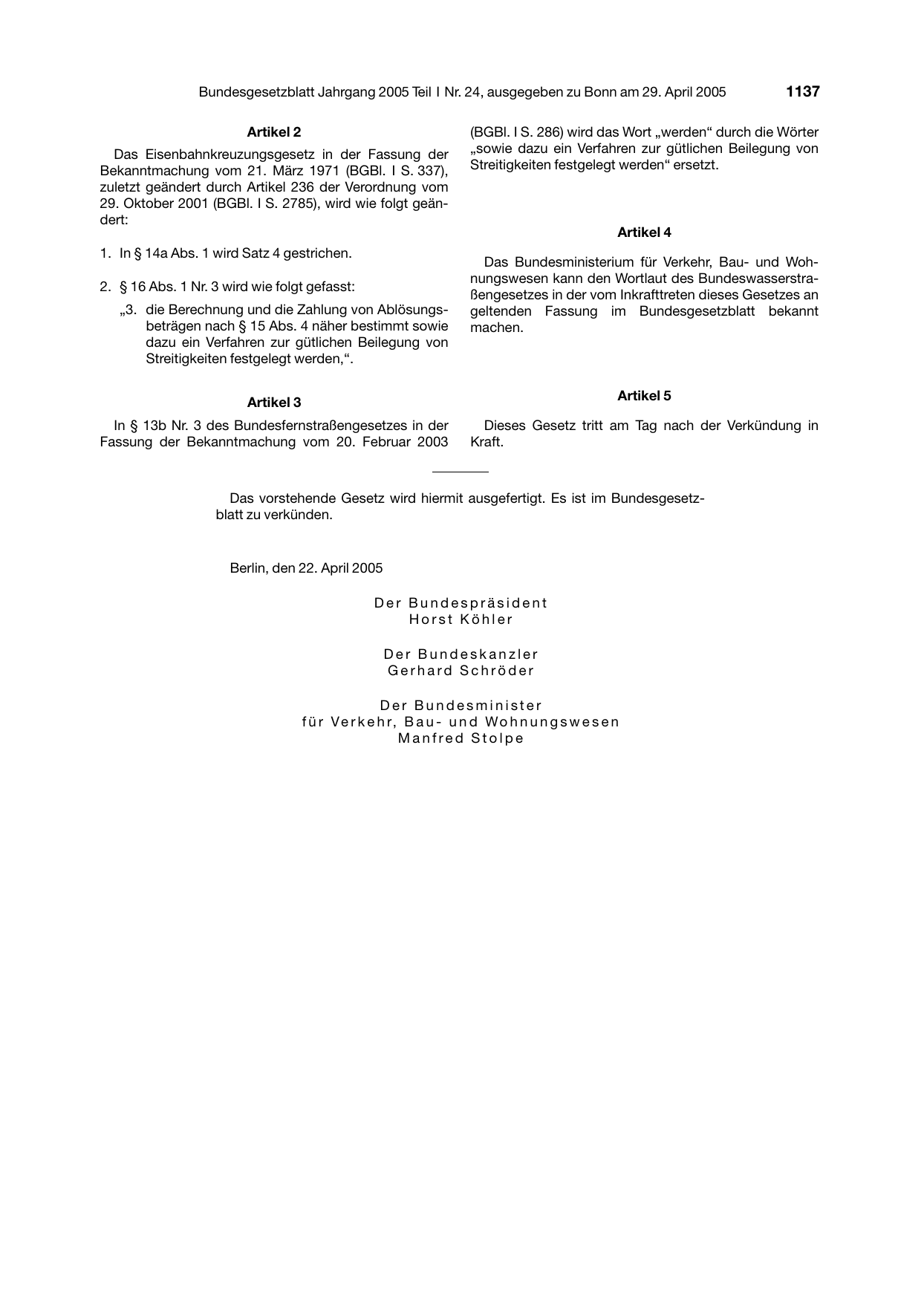 BGBl. 2005, Seite 1137 — Originalseite als Abbildung