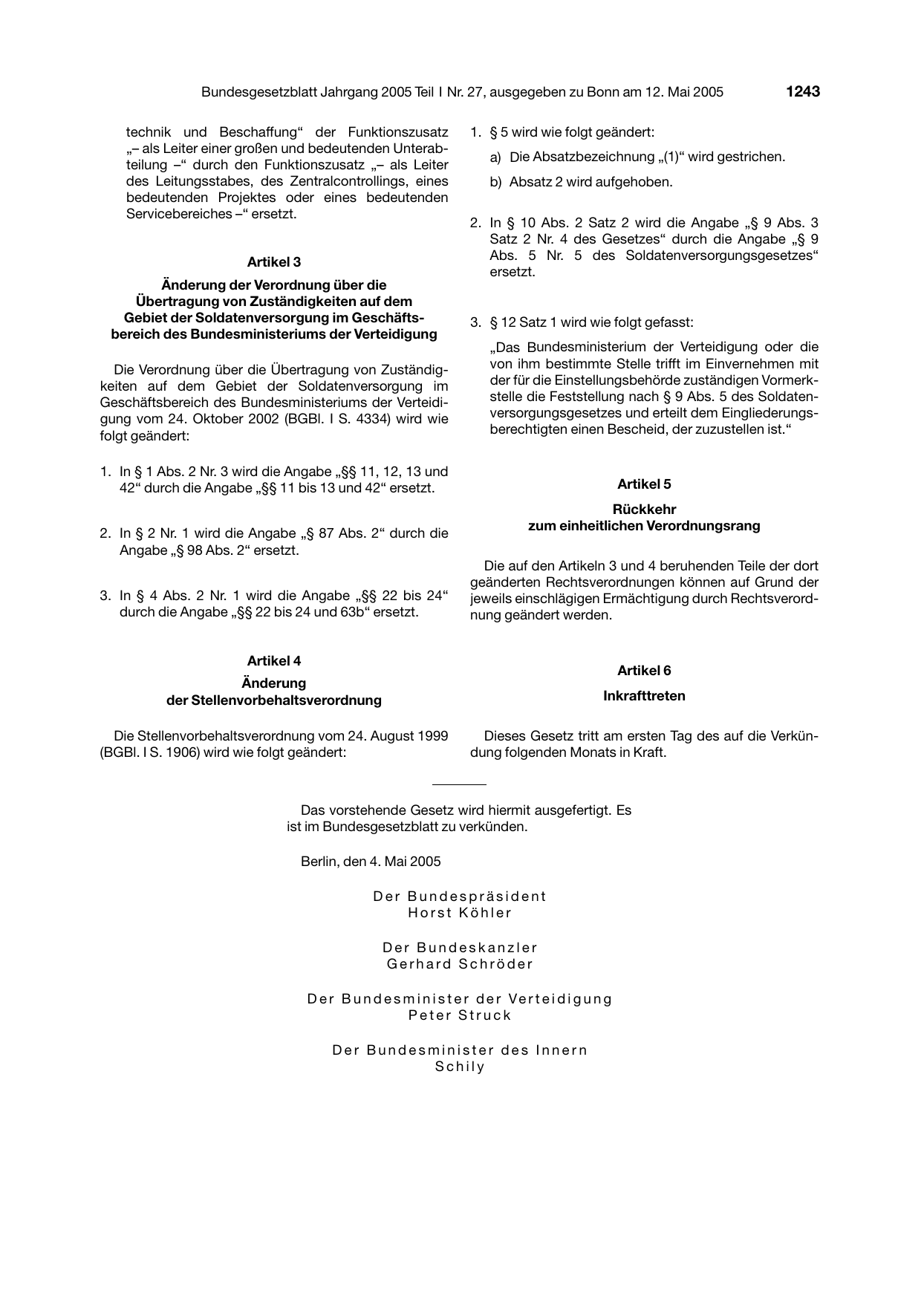 BGBl. 2005, Seite 1243 — Originalseite als Abbildung