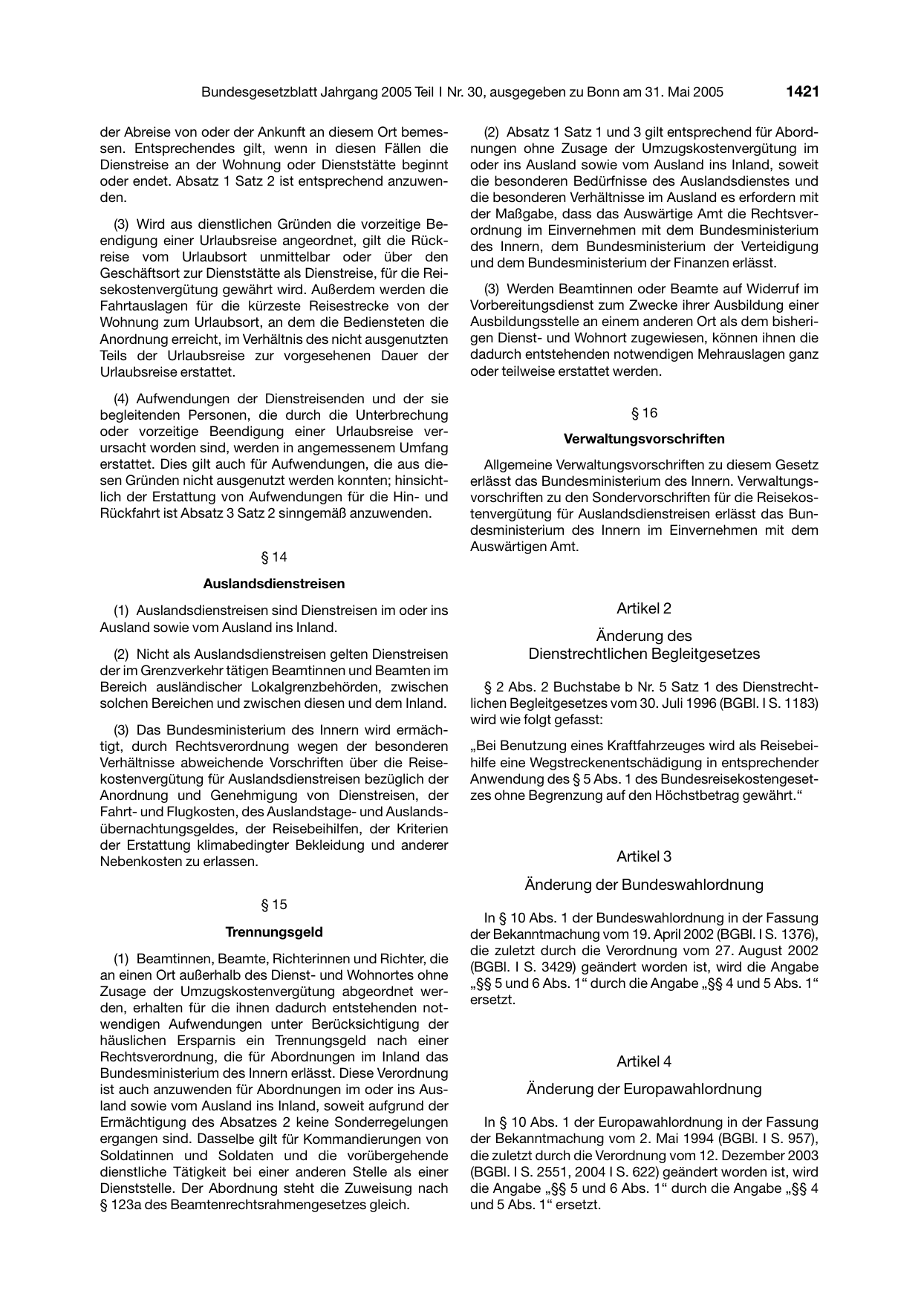 BGBl. 2005, Seite 1421 — Originalseite als Abbildung