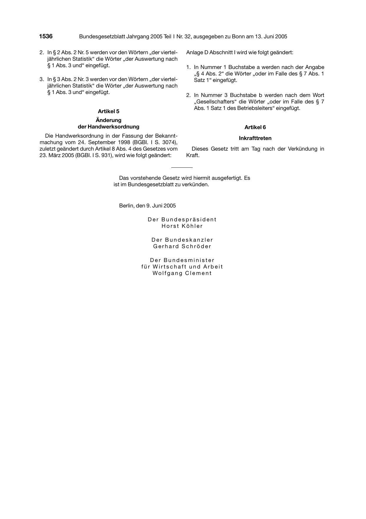 BGBl. 2005, Seite 1536 — Originalseite als Abbildung