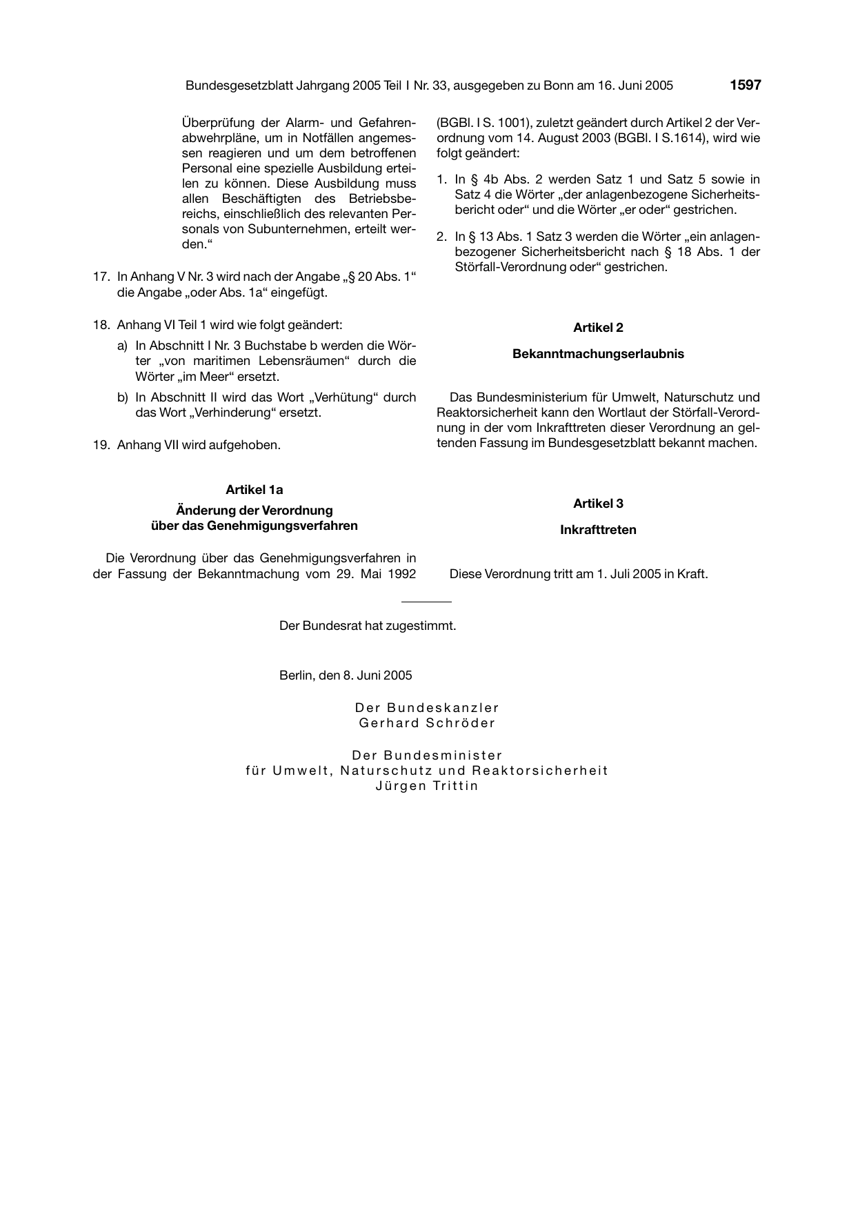 BGBl. 2005, Seite 1597 — Originalseite als Abbildung