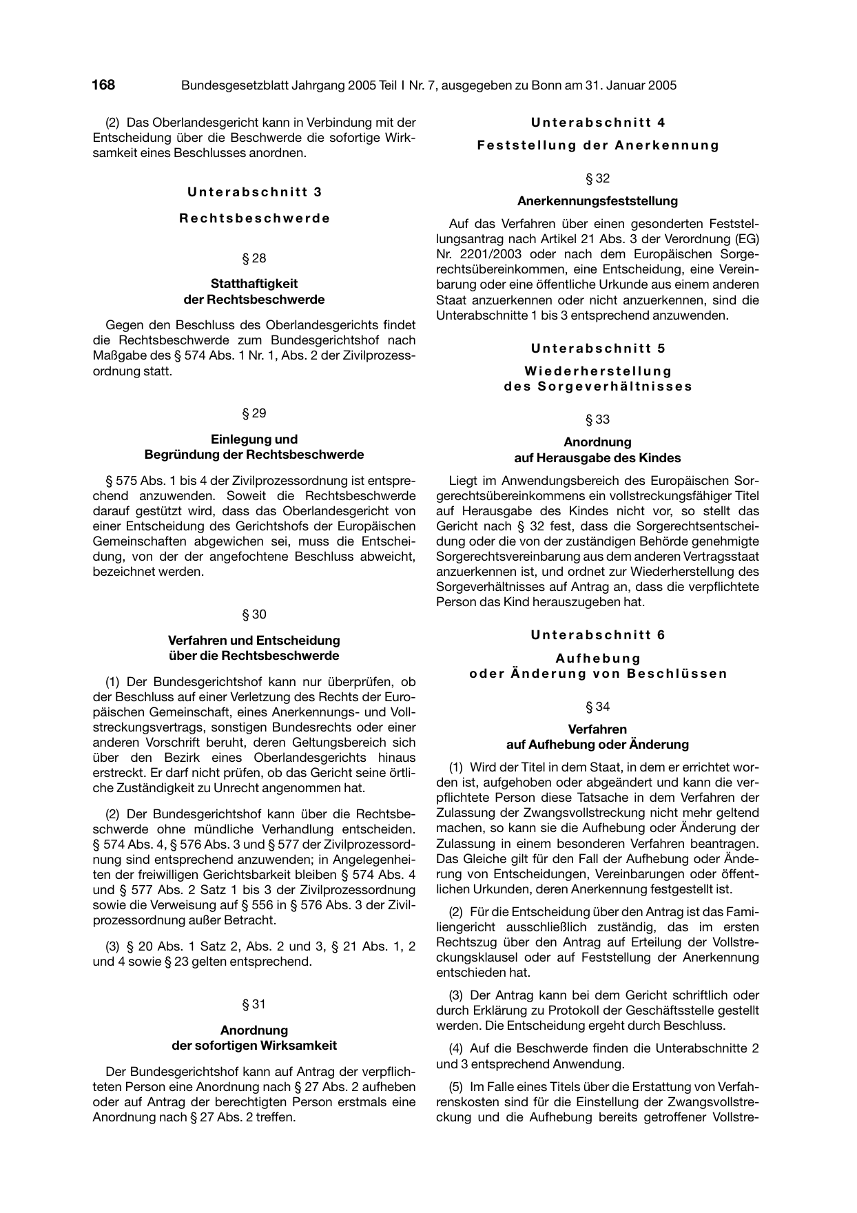 BGBl. 2005, Seite 168 — Originalseite als Abbildung