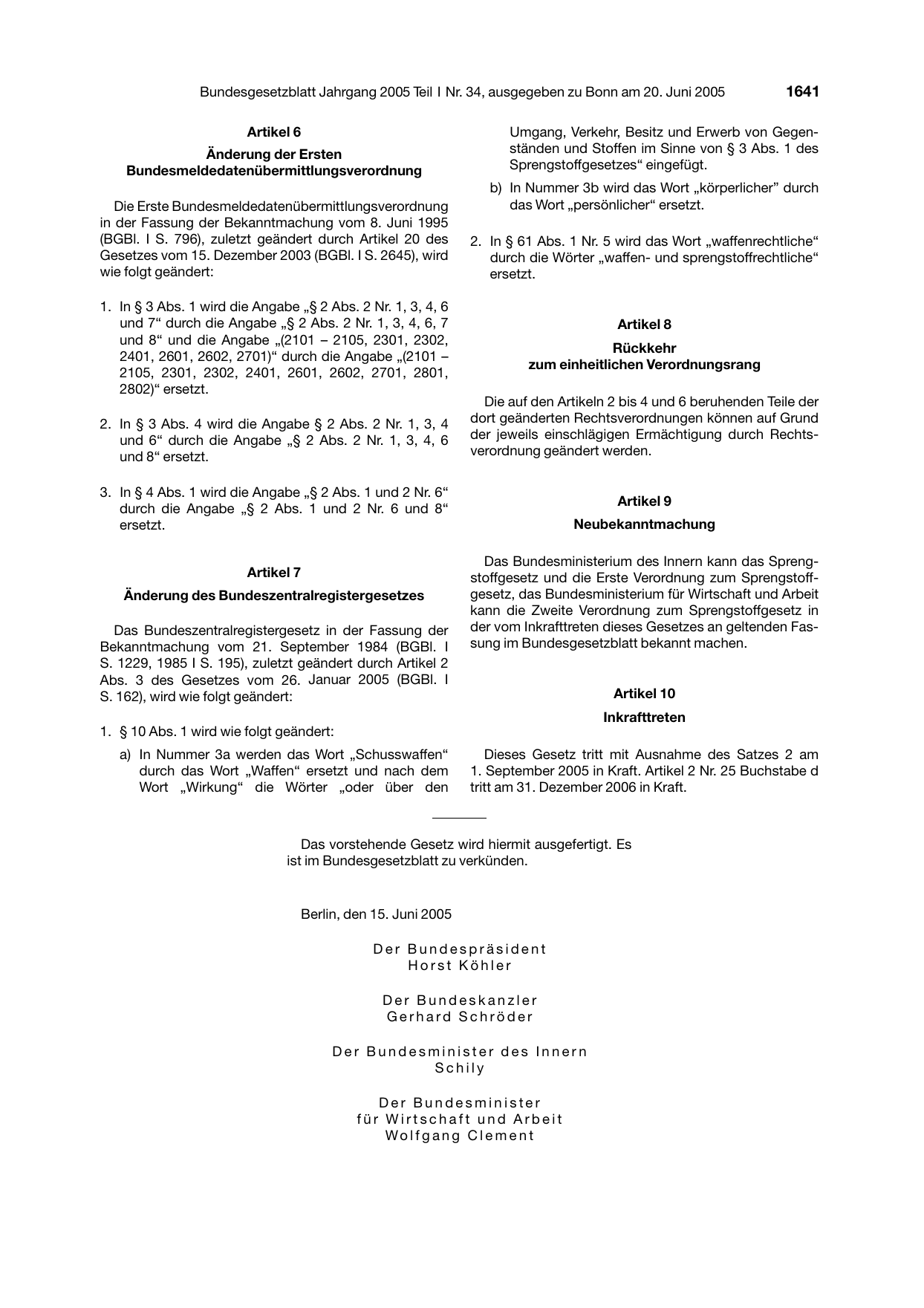 BGBl. 2005, Seite 1641 — Originalseite als Abbildung