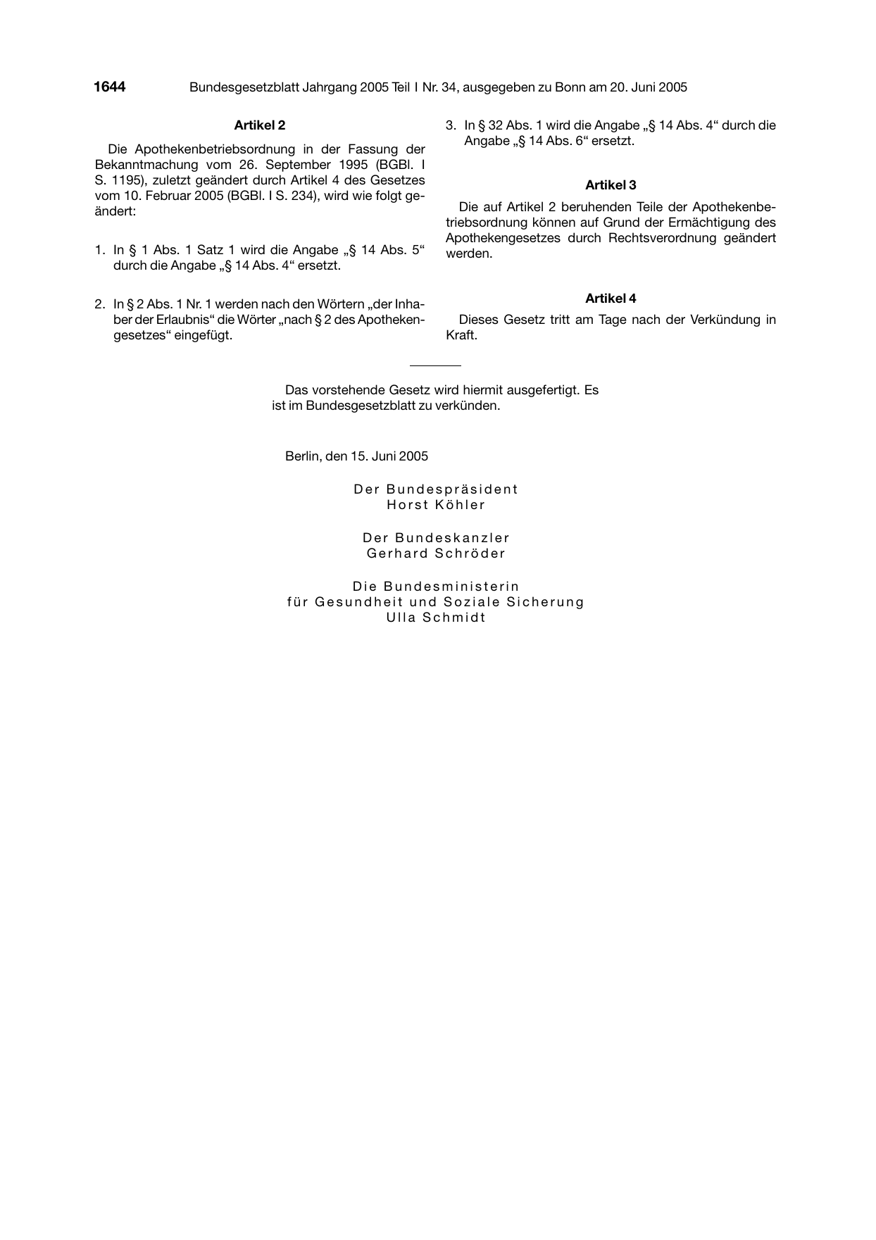 BGBl. 2005, Seite 1644 — Originalseite als Abbildung