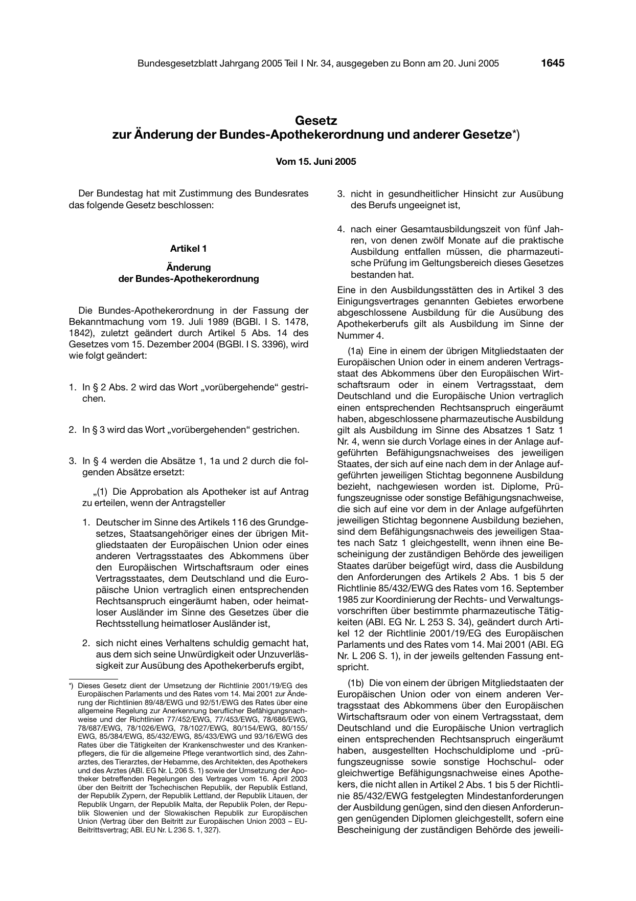 BGBl. 2005, Seite 1645 — Originalseite als Abbildung