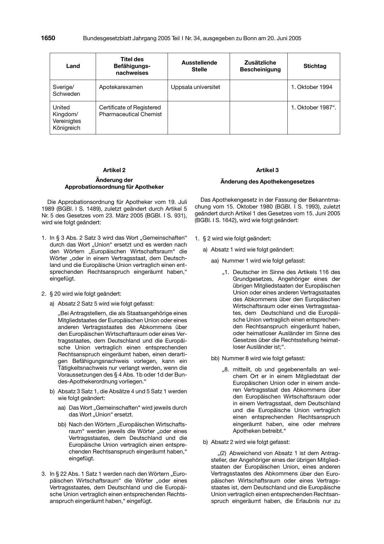 BGBl. 2005, Seite 1650 — Originalseite als Abbildung