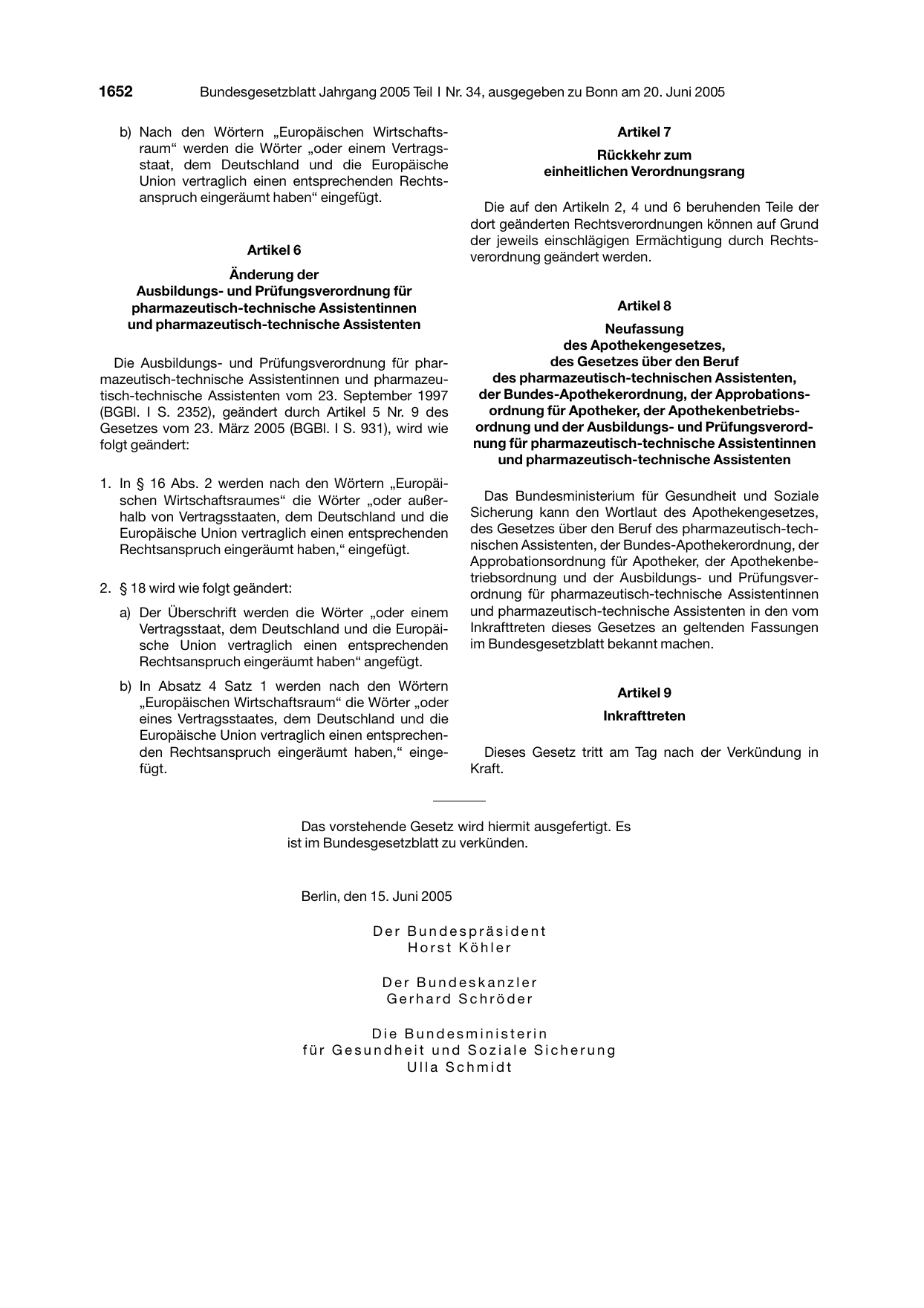 BGBl. 2005, Seite 1652 — Originalseite als Abbildung