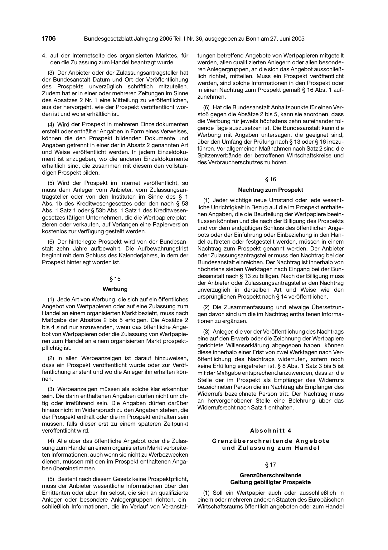 BGBl. 2005, Seite 1706 — Originalseite als Abbildung