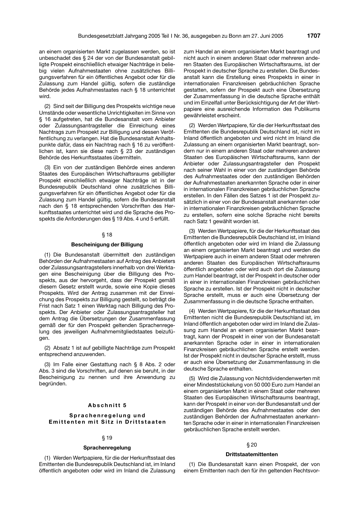 BGBl. 2005, Seite 1707 — Originalseite als Abbildung