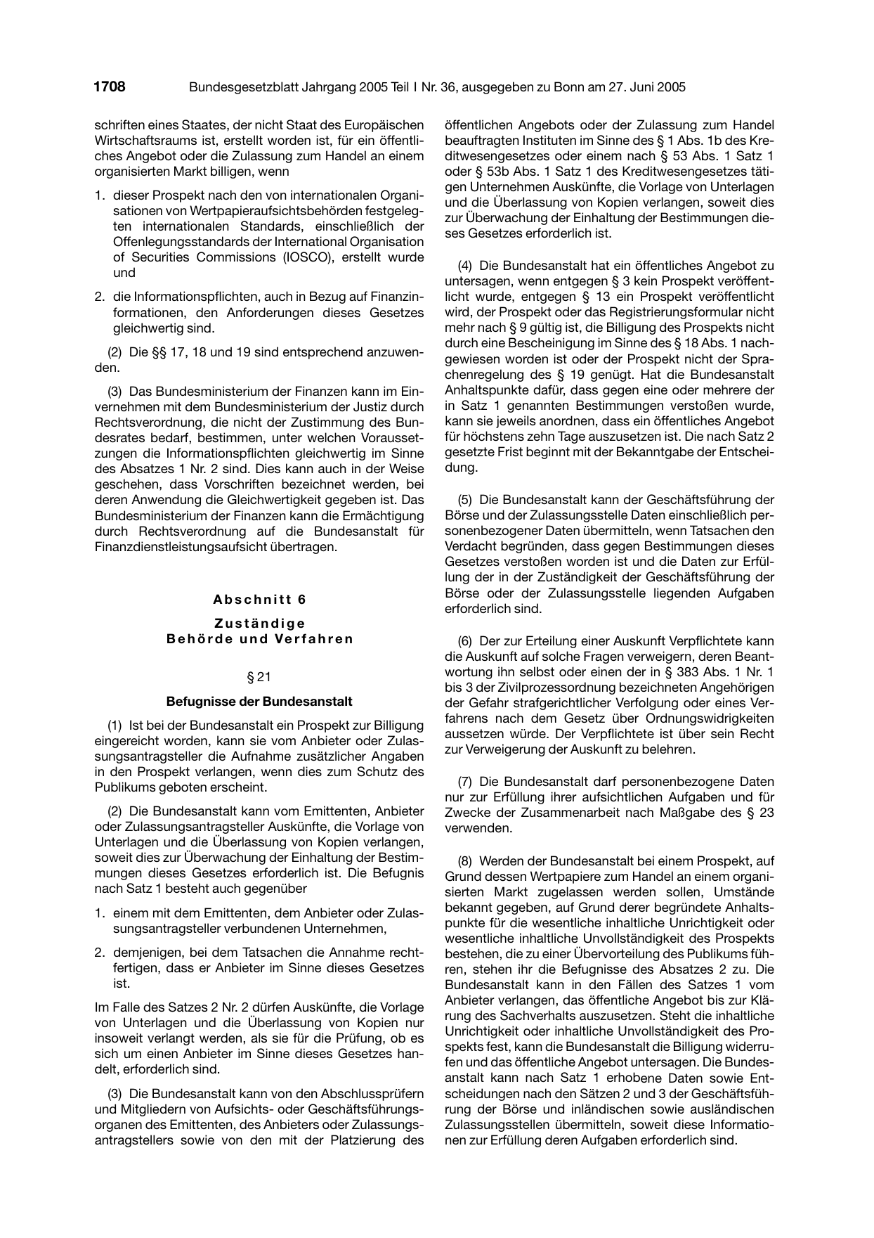 BGBl. 2005, Seite 1708 — Originalseite als Abbildung
