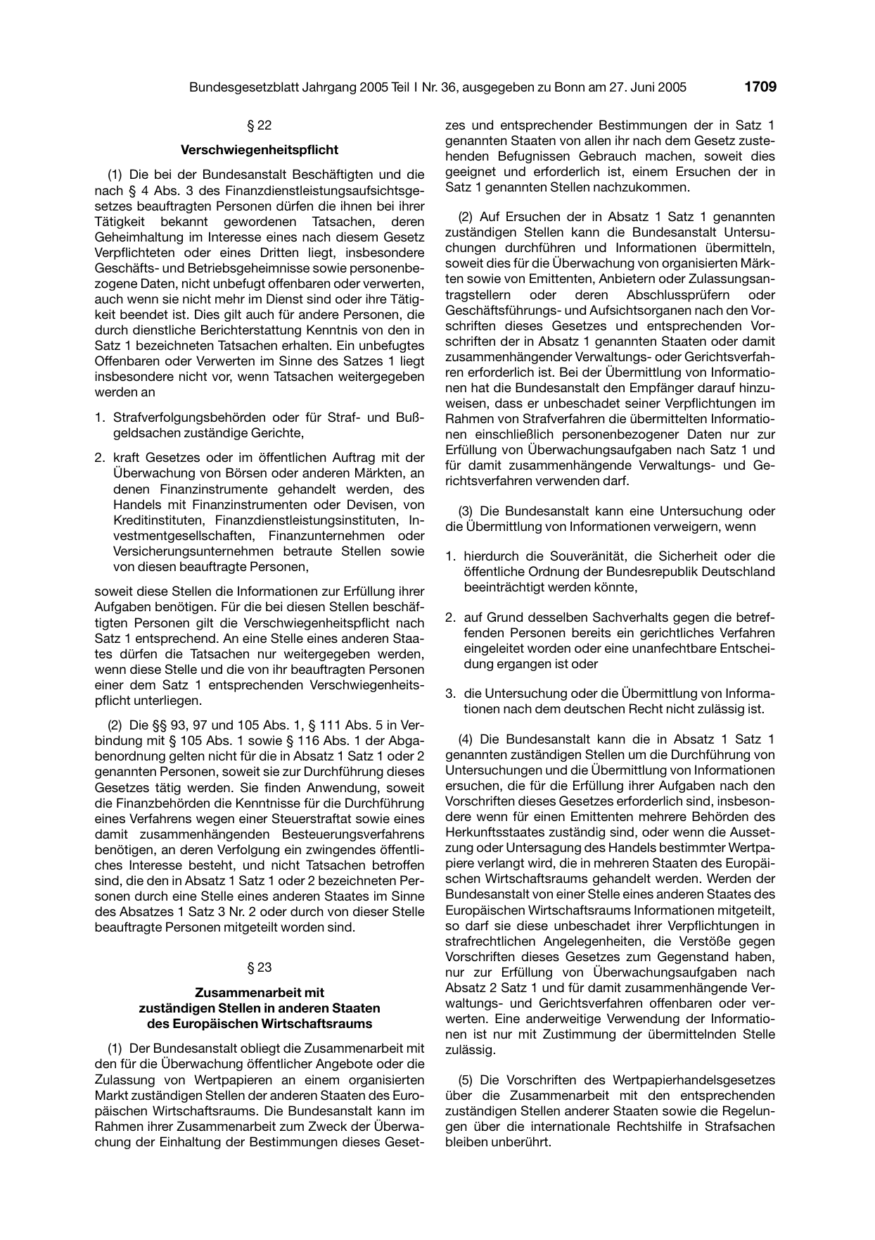 BGBl. 2005, Seite 1709 — Originalseite als Abbildung