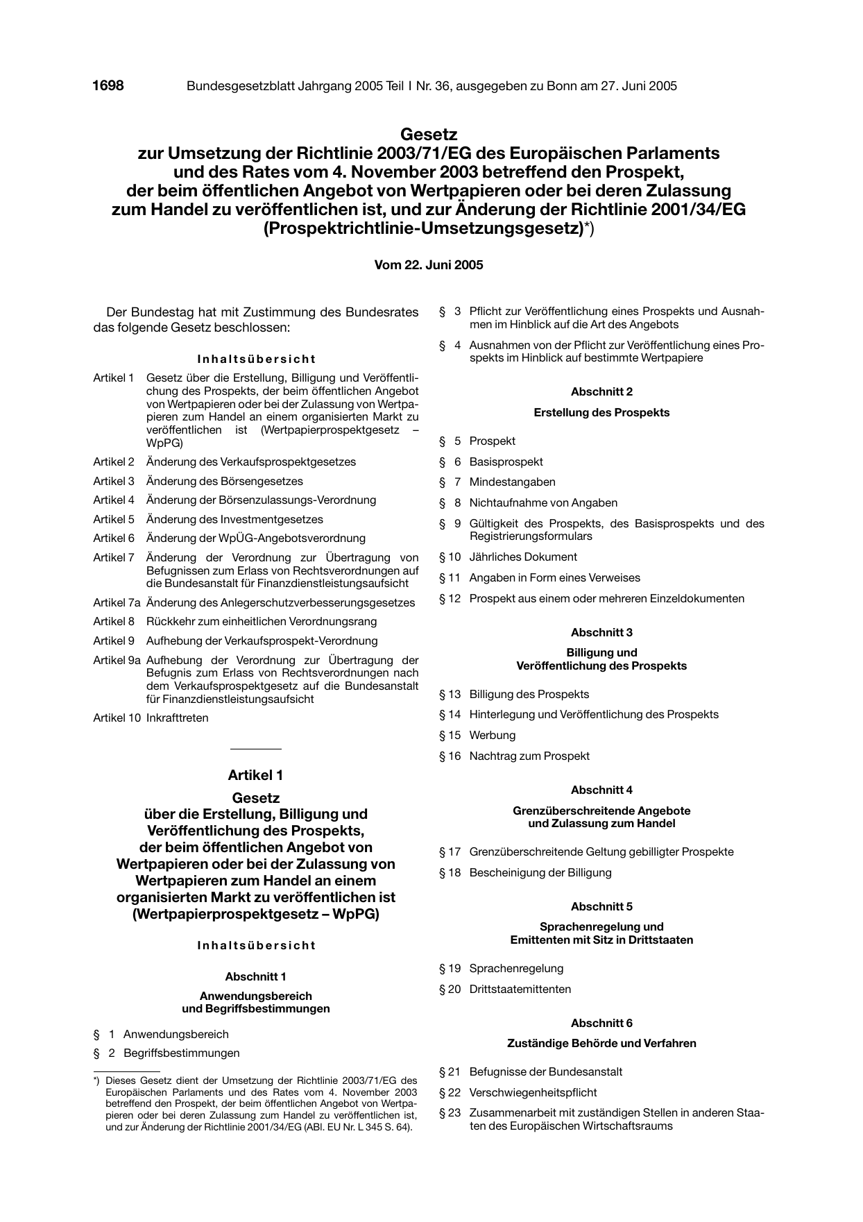 BGBl. 2005, Seite 1698 — Originalseite als Abbildung