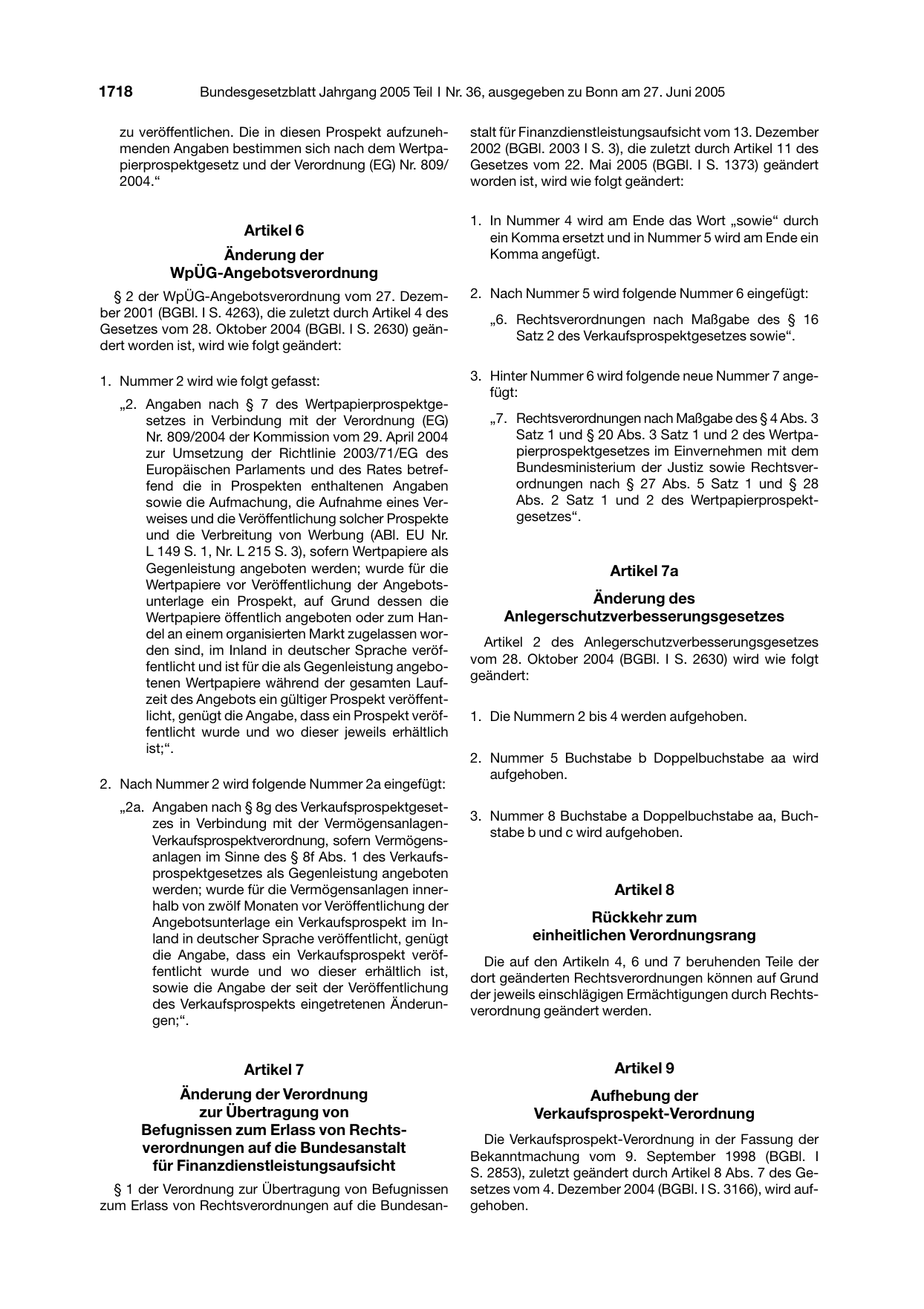 BGBl. 2005, Seite 1718 — Originalseite als Abbildung