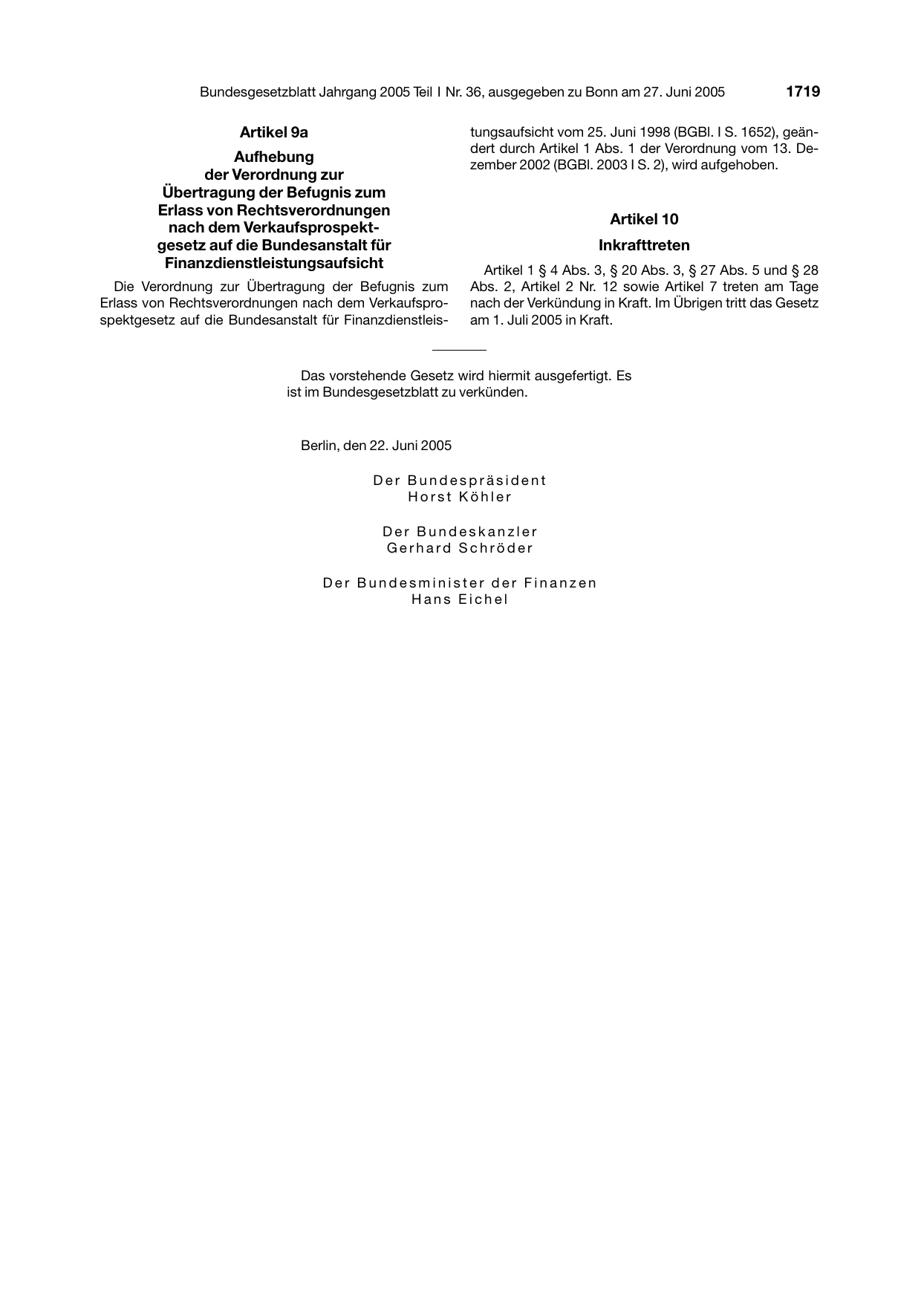 BGBl. 2005, Seite 1719 — Originalseite als Abbildung