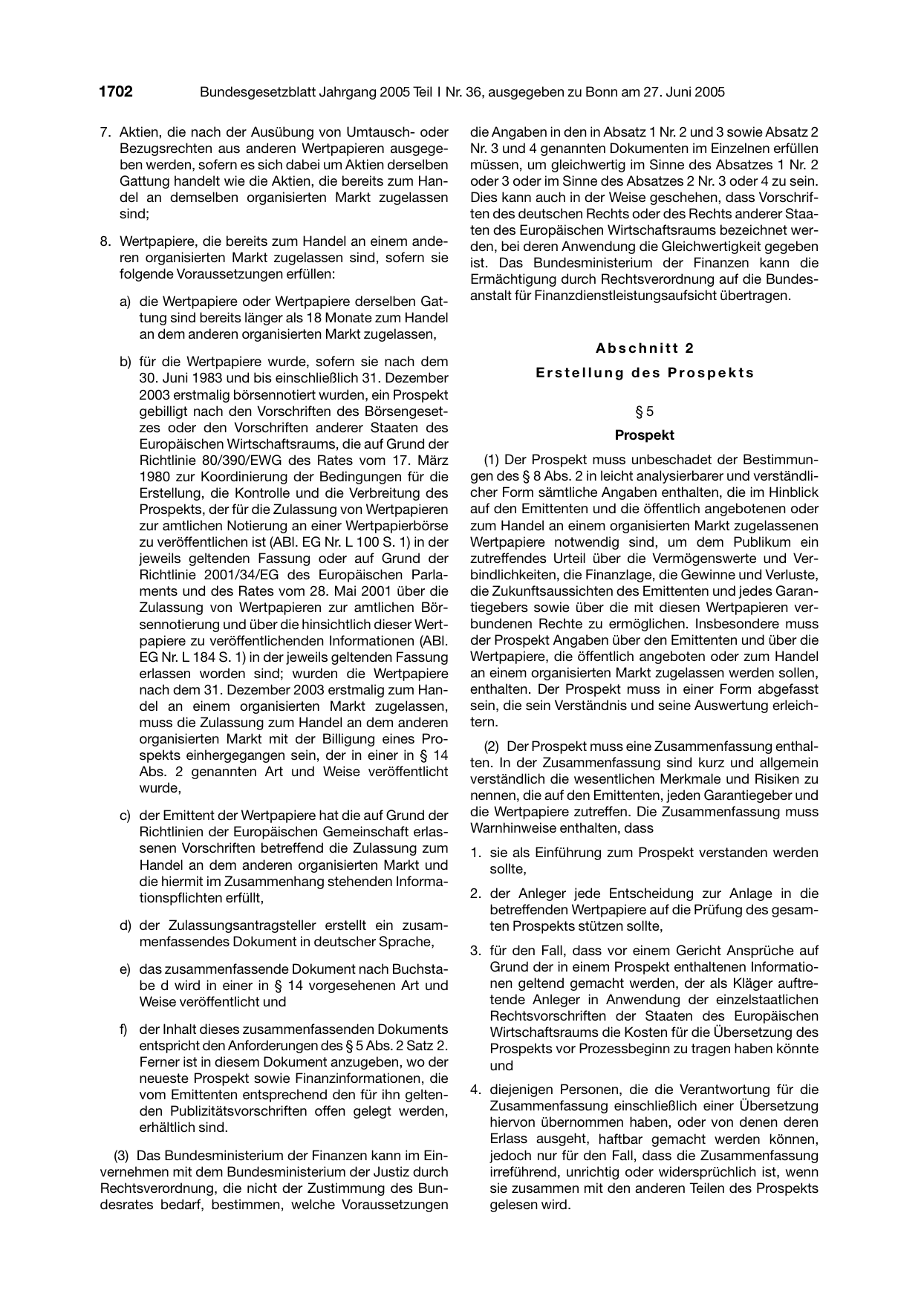 BGBl. 2005, Seite 1702 — Originalseite als Abbildung
