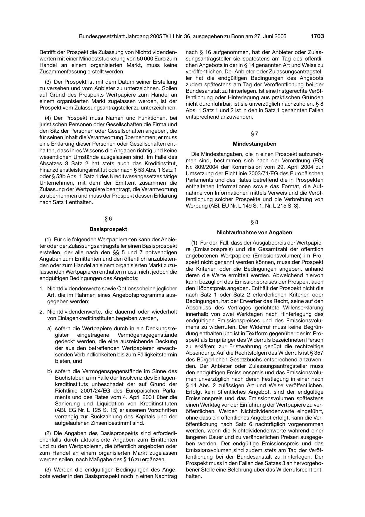 BGBl. 2005, Seite 1703 — Originalseite als Abbildung