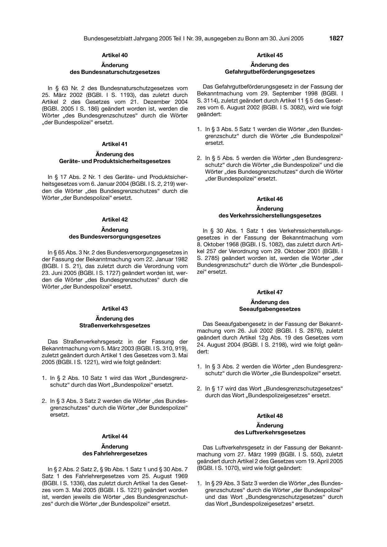 BGBl. 2005, Seite 1827 — Originalseite als Abbildung