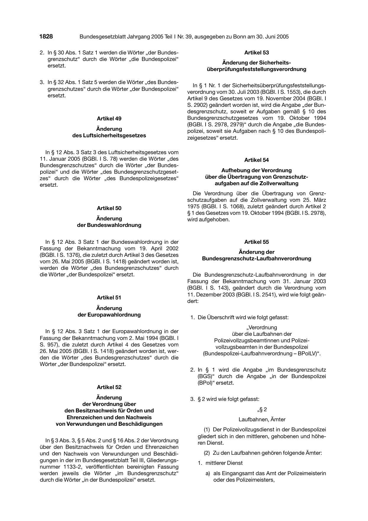 BGBl. 2005, Seite 1828 — Originalseite als Abbildung