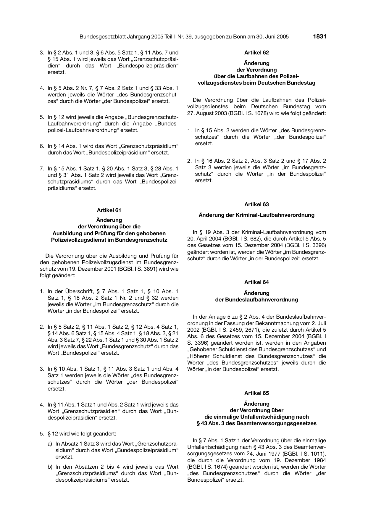 BGBl. 2005, Seite 1831 — Originalseite als Abbildung