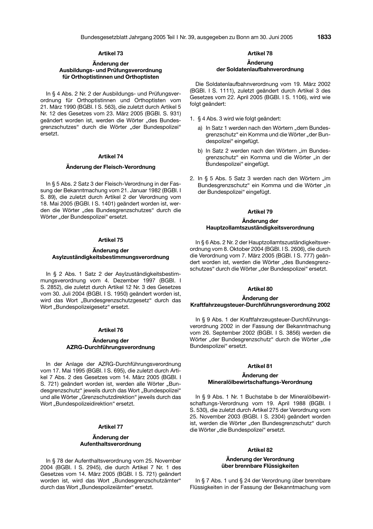 BGBl. 2005, Seite 1833 — Originalseite als Abbildung