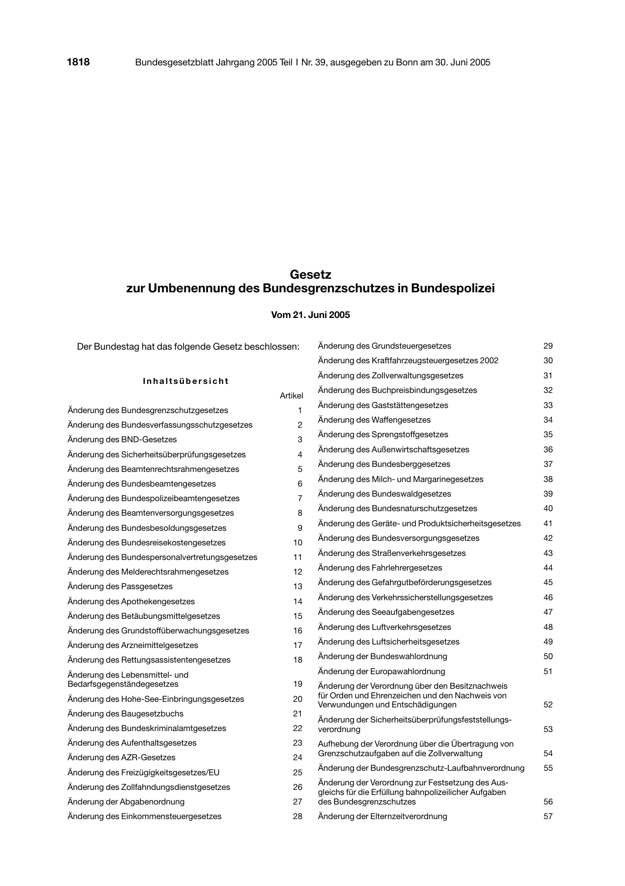 BGBl. 2005, Seite 1818 — Originalseite als Abbildung
